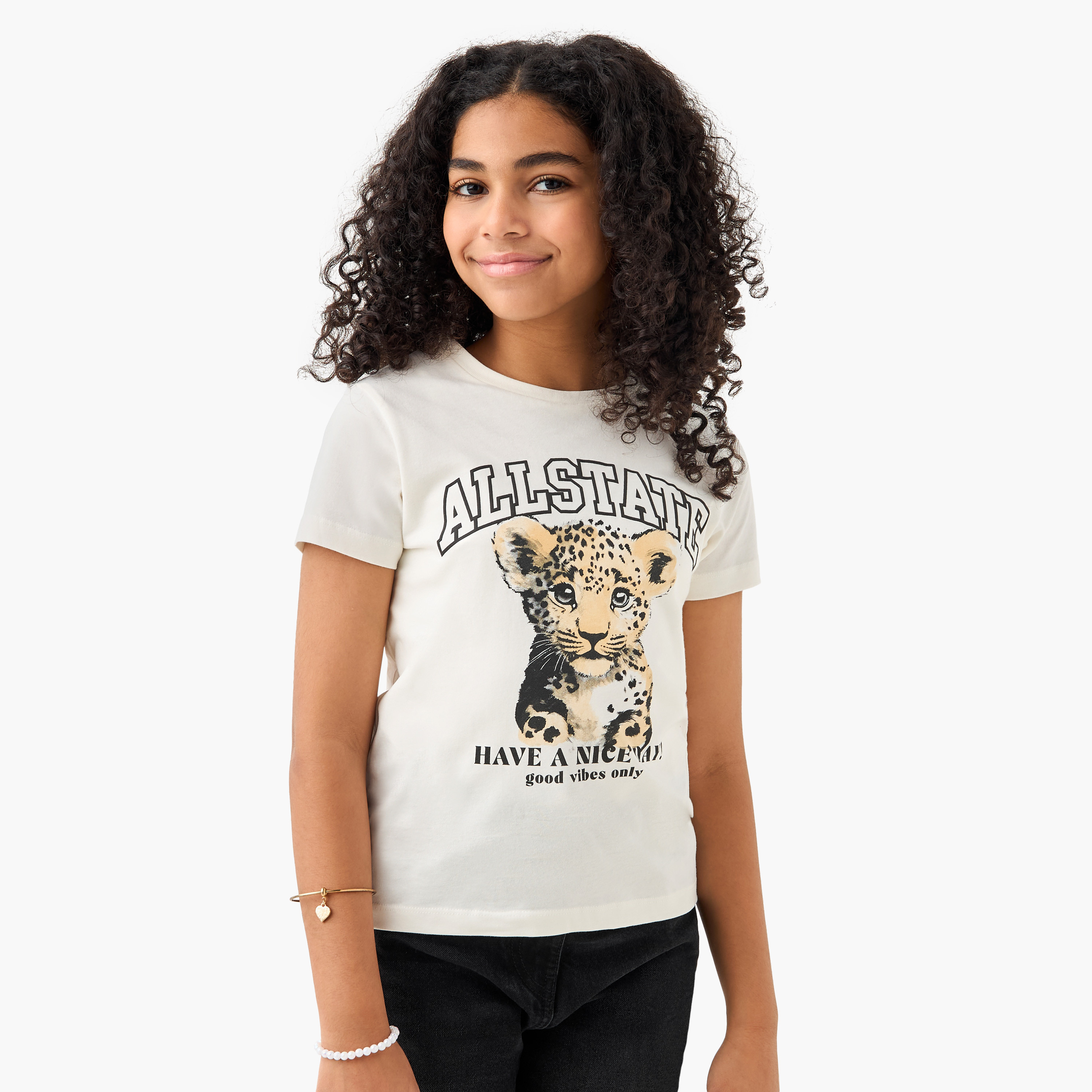 Juniors Graphic Print Crew Neck T-shirt with Short Sleeves-girls-clothing-tshirts-image-1