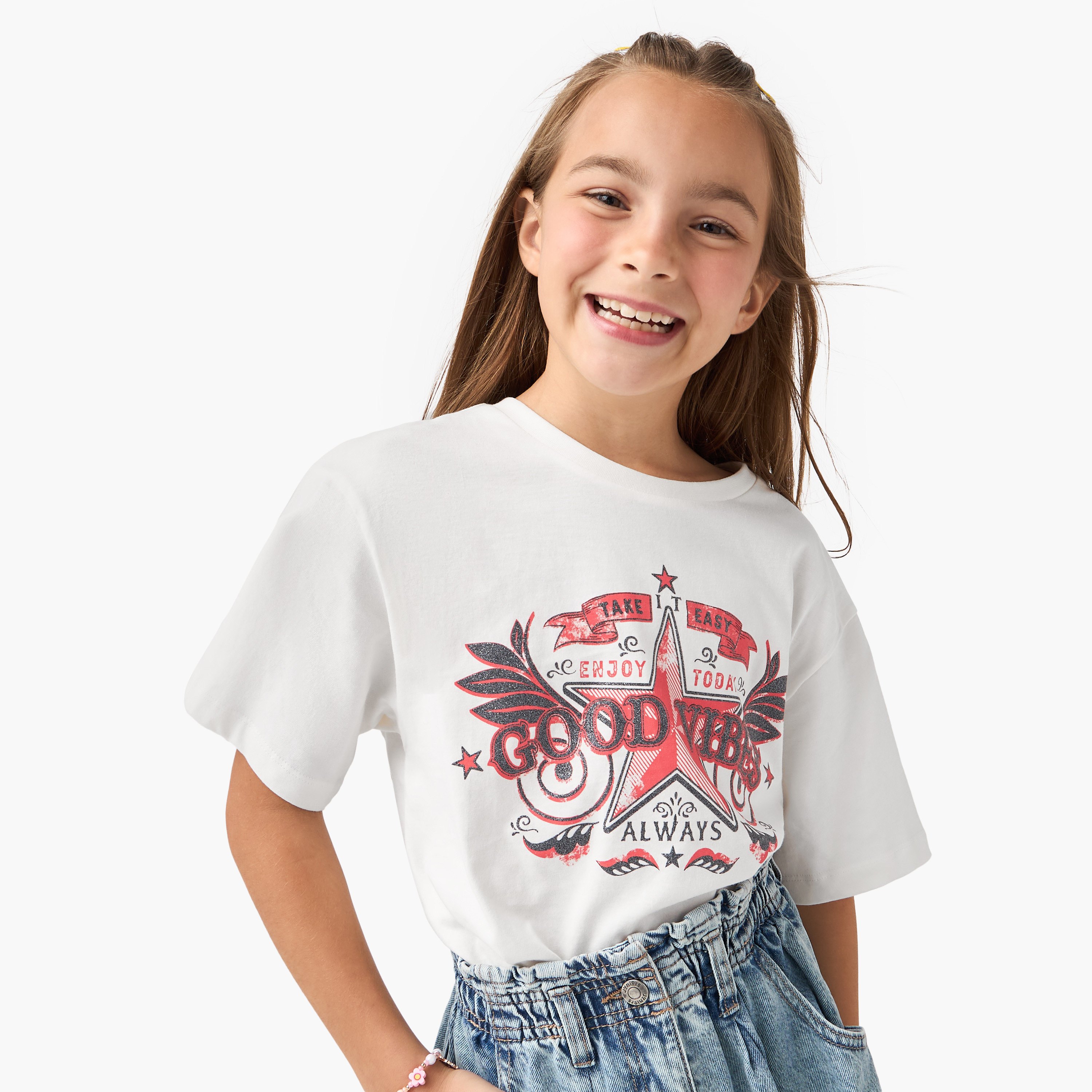 Juniors Graphic Print Crew Neck T-shirt with Short Sleeves-girls-clothing-tshirts-image-1