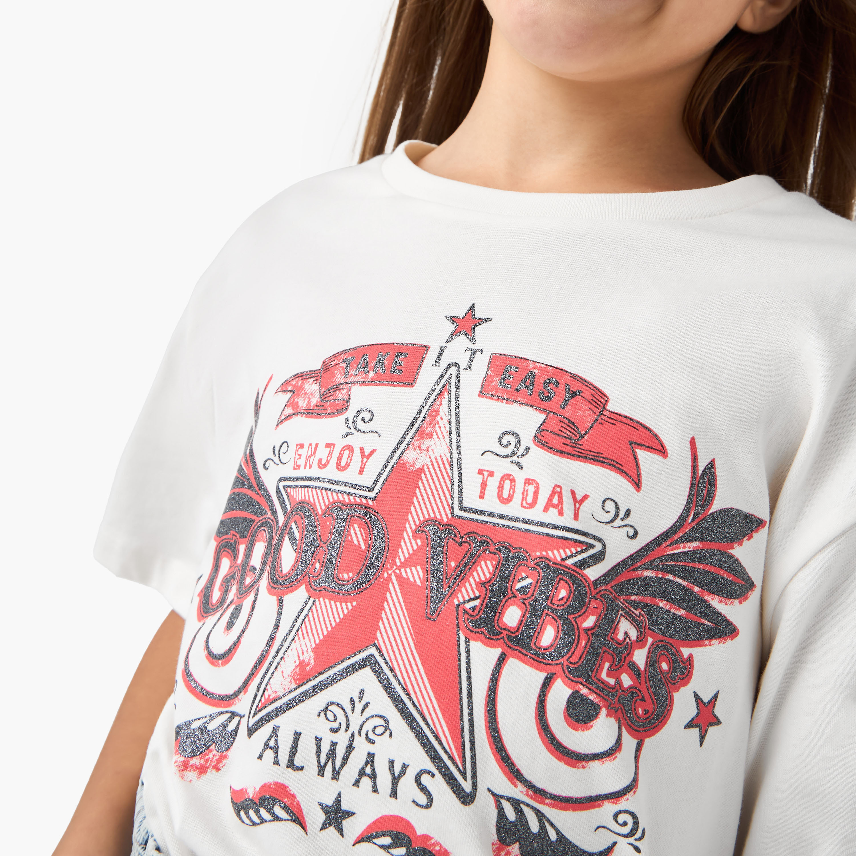 Juniors Graphic Print Crew Neck T-shirt with Short Sleeves-girls-clothing-tshirts-image-4
