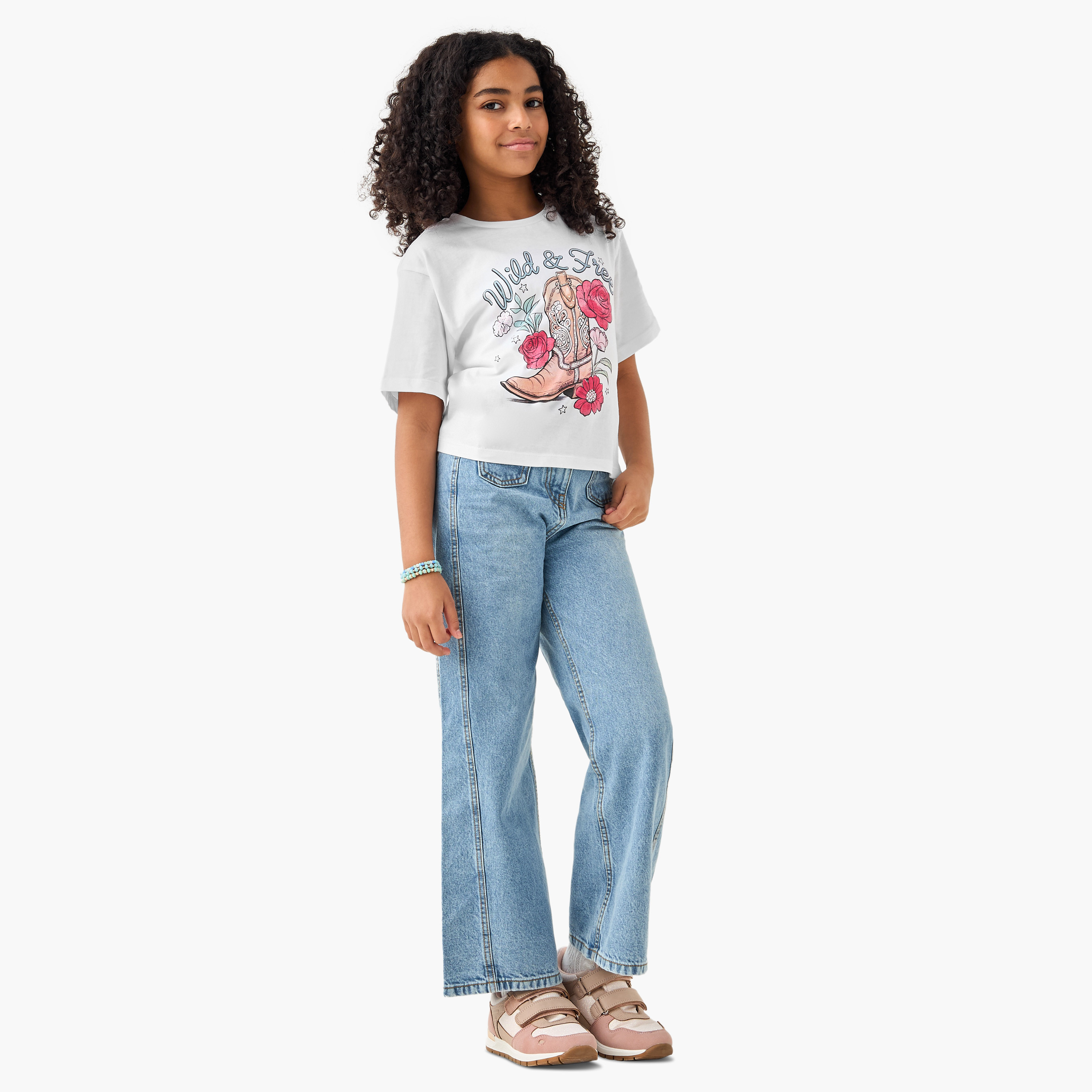 Juniors Graphic Print Crew Neck T-shirt with Short Sleeves-girls-clothing-tshirts-image-2