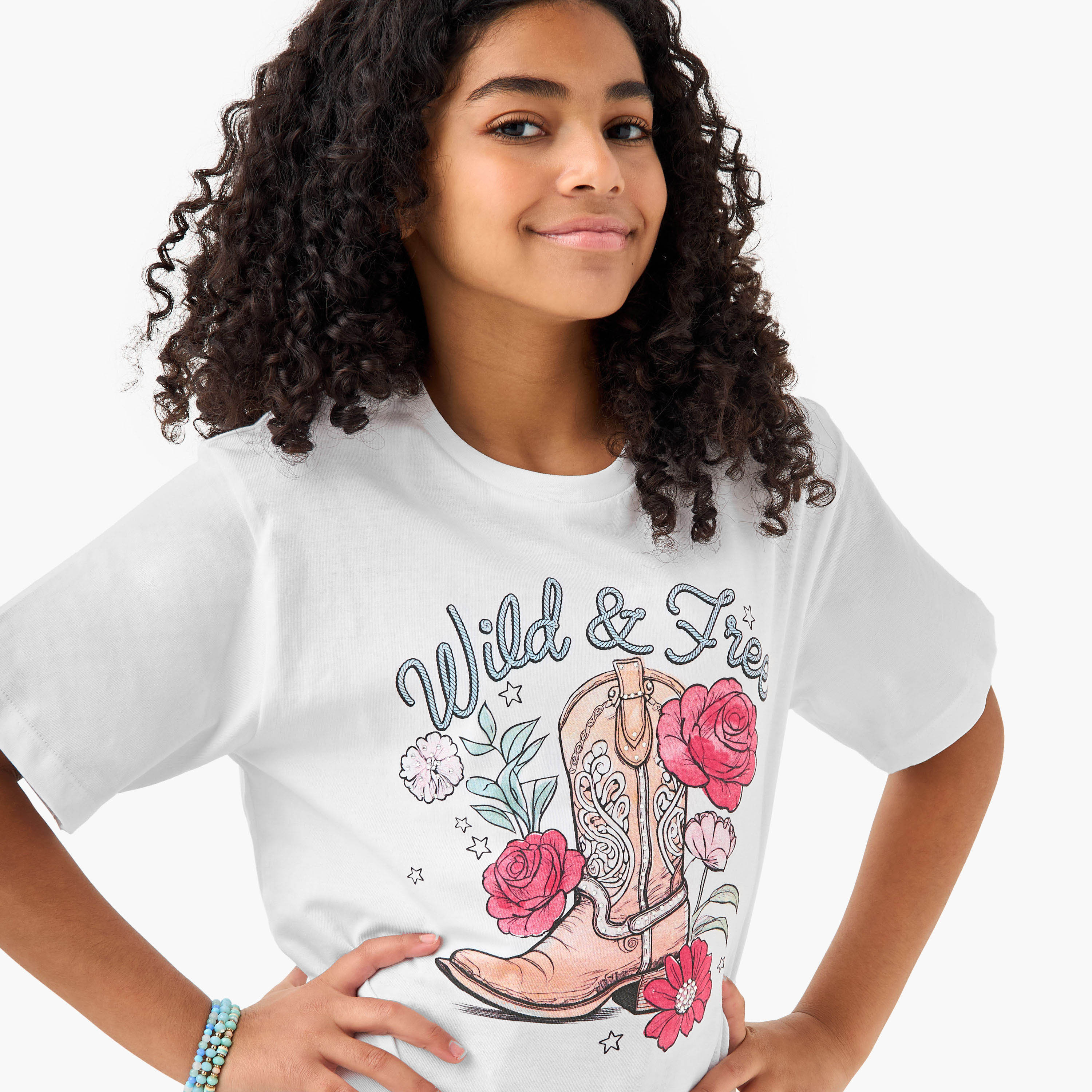 Juniors Graphic Print Crew Neck T-shirt with Short Sleeves-girls-clothing-tshirts-image-4