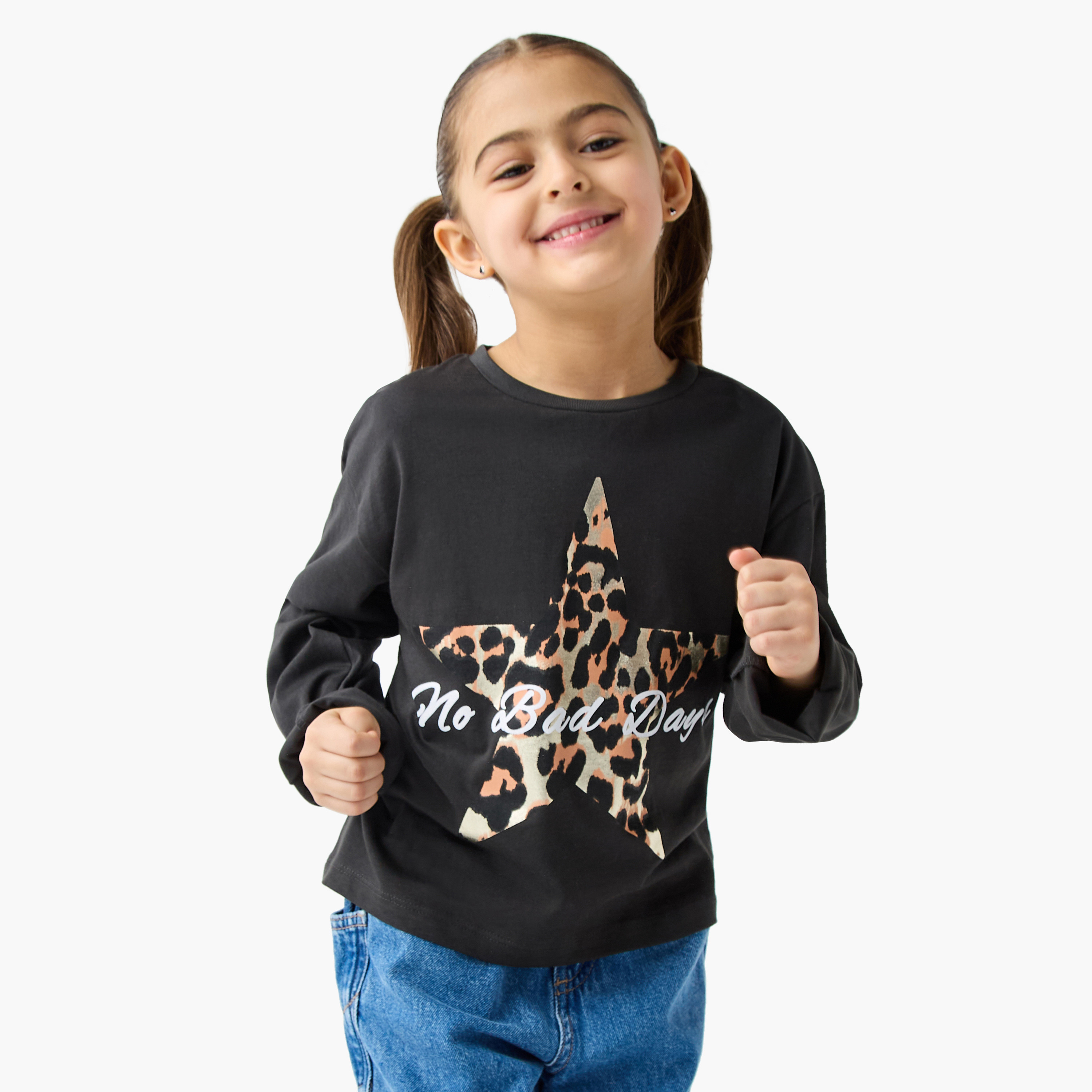 Juniors Graphic Print Crew Neck T-shirt with Long Sleeves-girls-clothing-tshirts-image-1