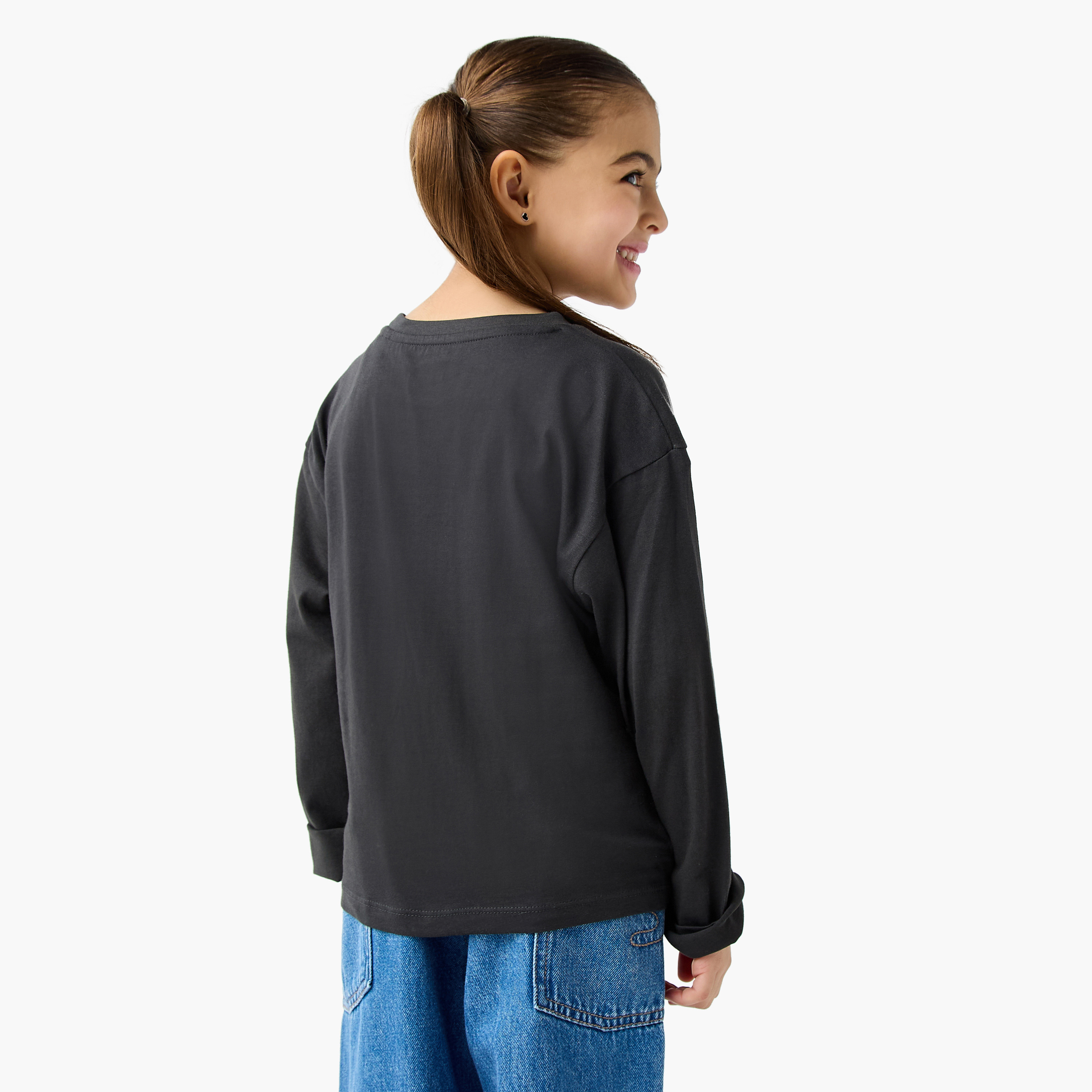 Juniors Graphic Print Crew Neck T-shirt with Long Sleeves-girls-clothing-tshirts-image-3