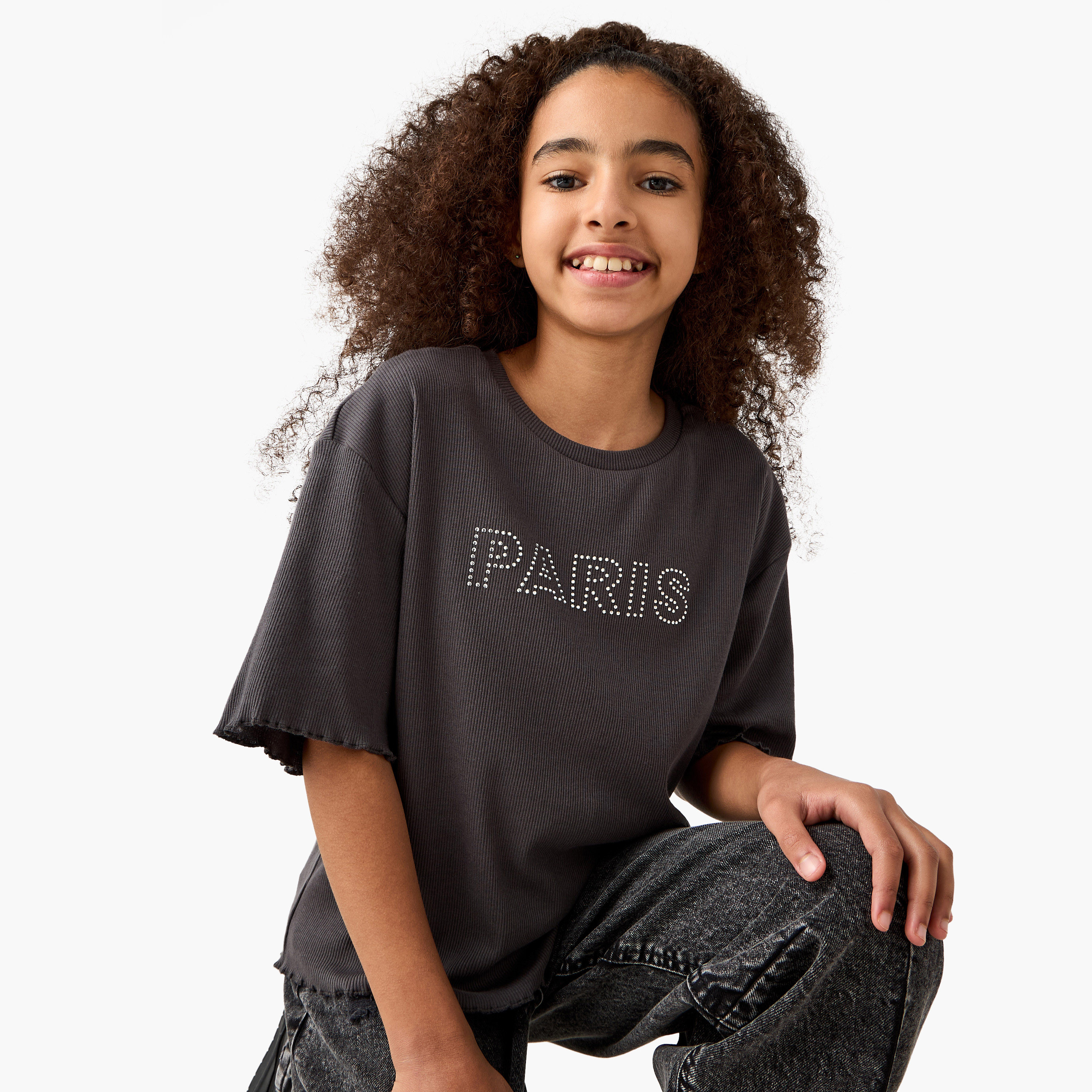 Juniors Embellished Crew Neck T-shirt with Lettuce Hem-girls-clothing-tshirts-image-1