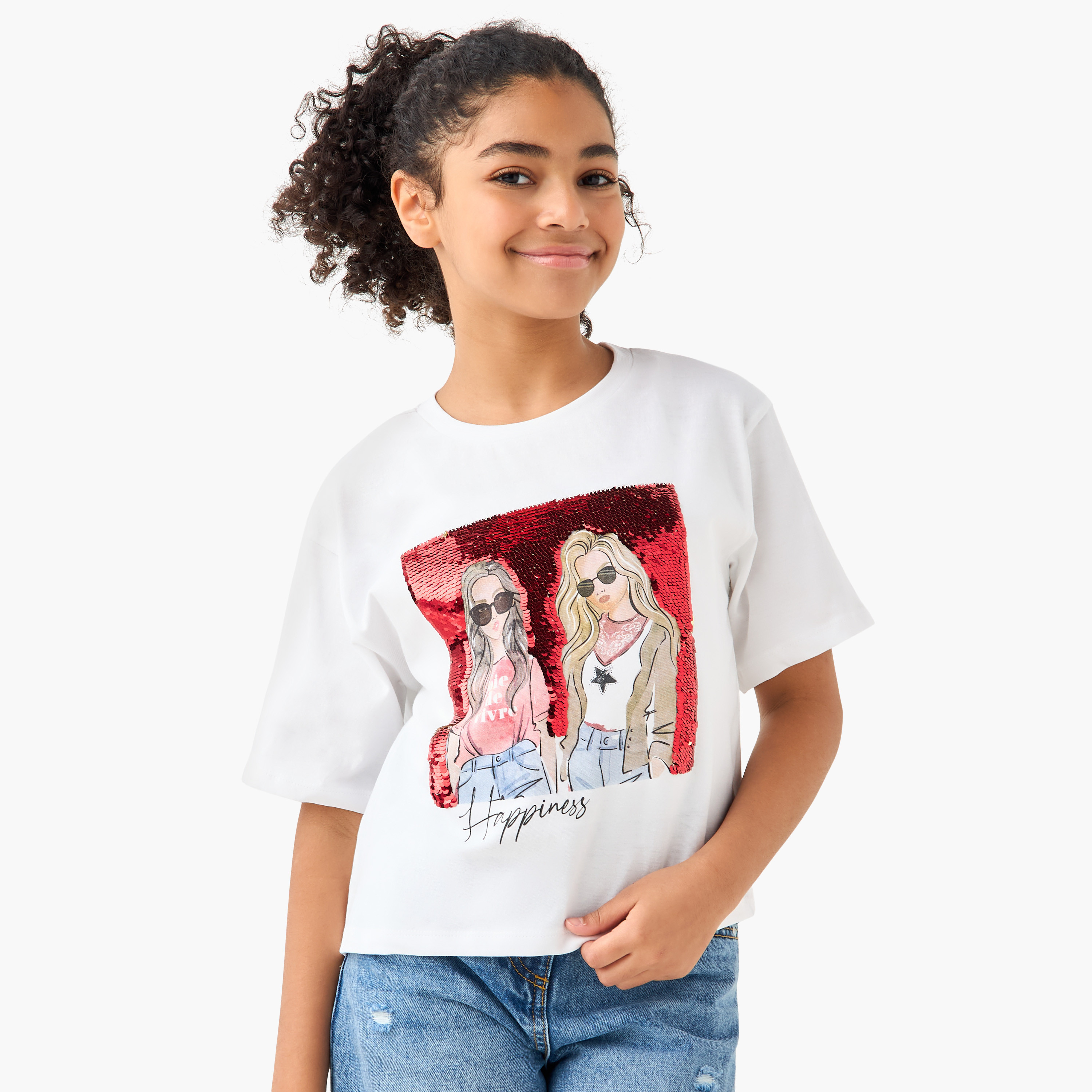 Juniors Embellished Crew Neck T-shirt with Short Sleeves-girls-clothing-tshirts-image-1
