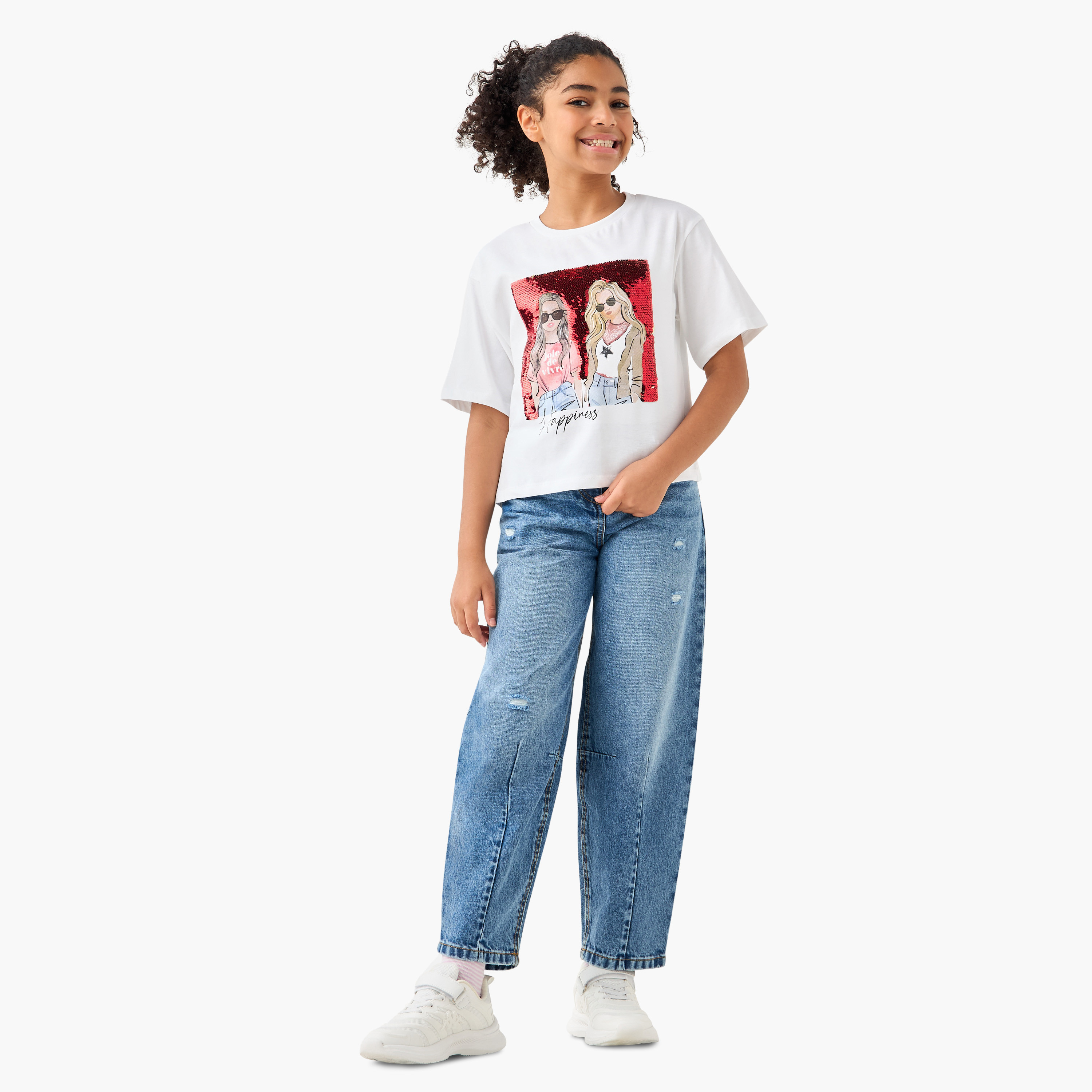 Juniors Embellished Crew Neck T-shirt with Short Sleeves-girls-clothing-tshirts-image-2