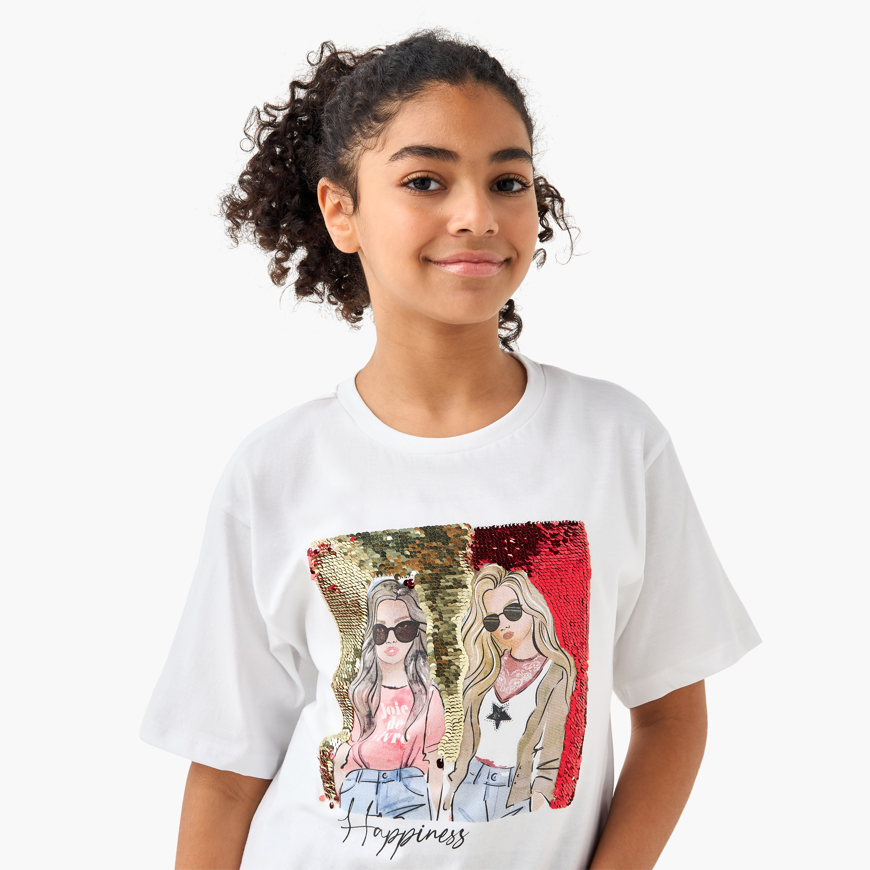 Juniors Embellished Crew Neck T-shirt with Short Sleeves-girls-clothing-tshirts-image-4