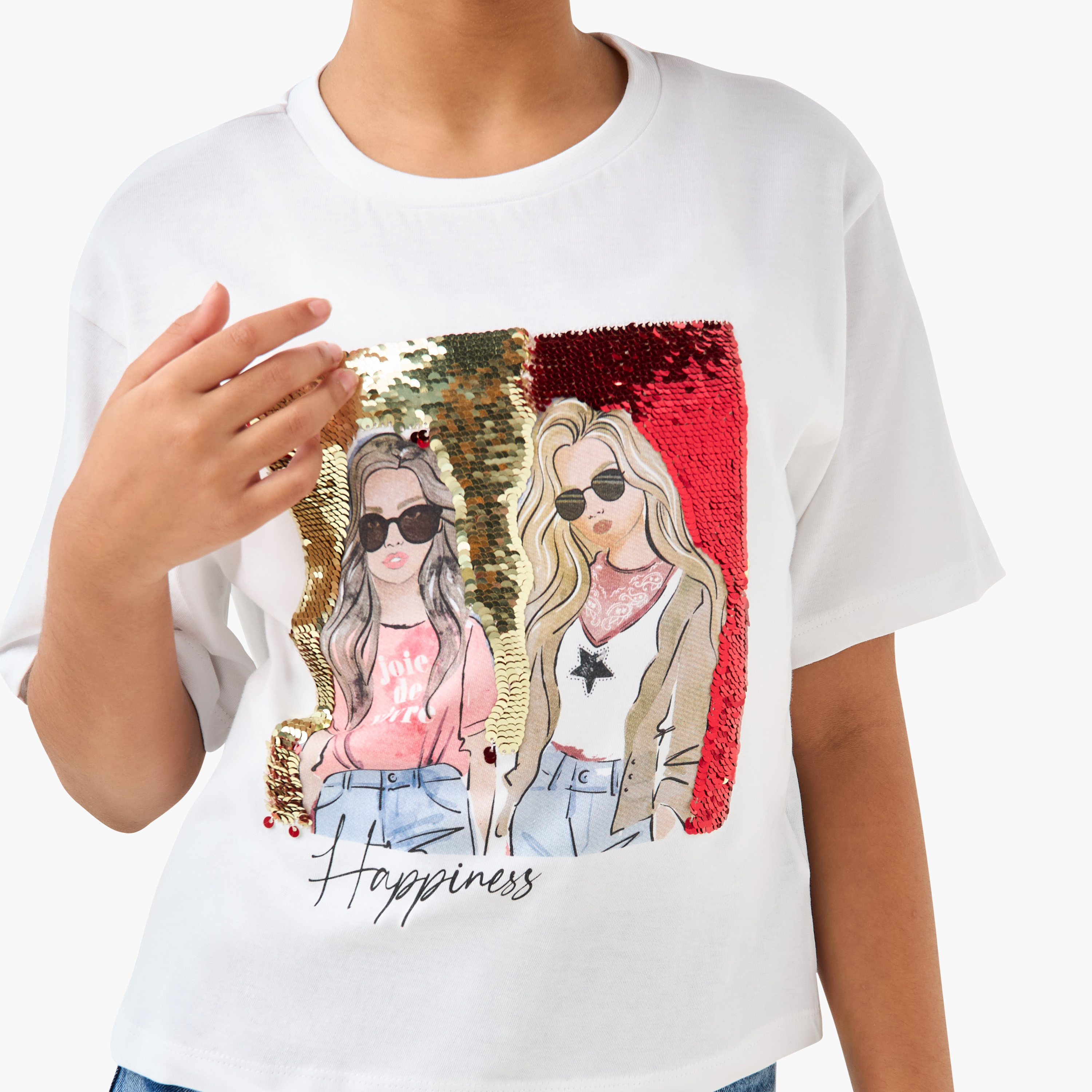 Juniors Embellished Crew Neck T-shirt with Short Sleeves-girls-clothing-tshirts-image-5