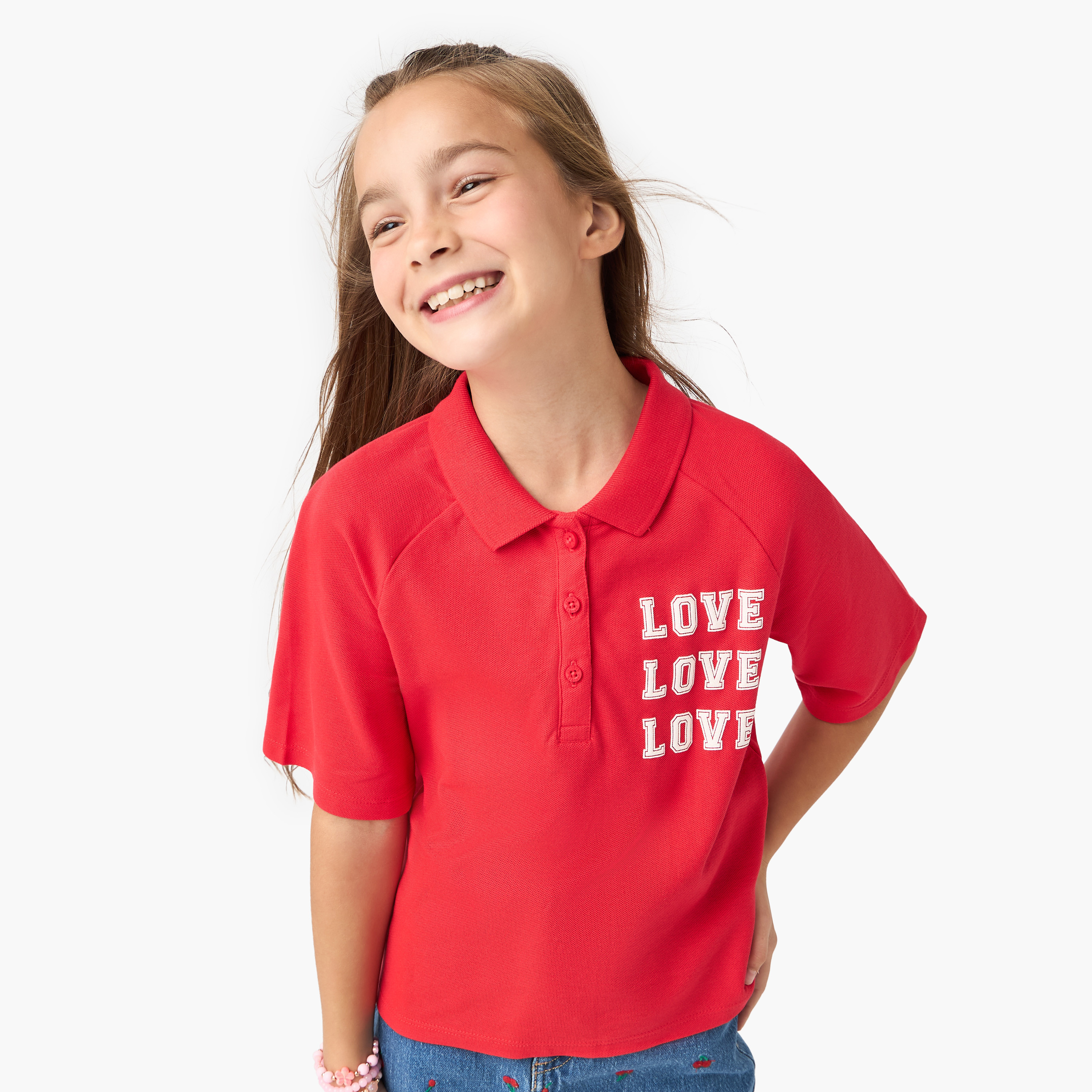 Juniors Typographic Print Polo T-shirt with Short Sleeves-girls-clothing-tshirts-image-1