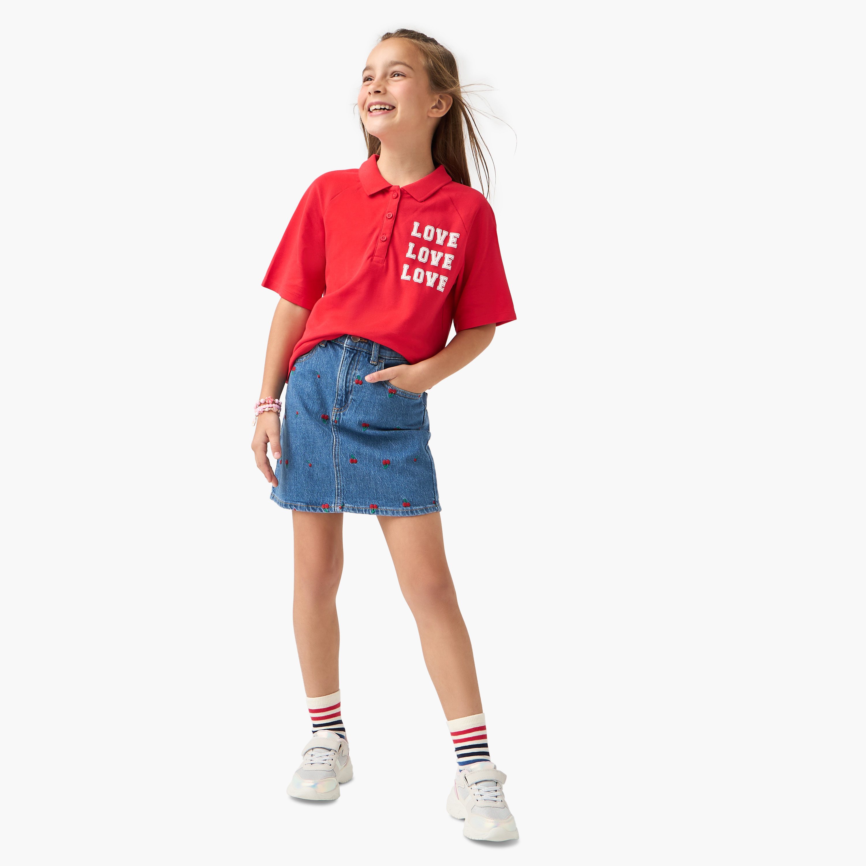Juniors Typographic Print Polo T-shirt with Short Sleeves-girls-clothing-tshirts-image-2