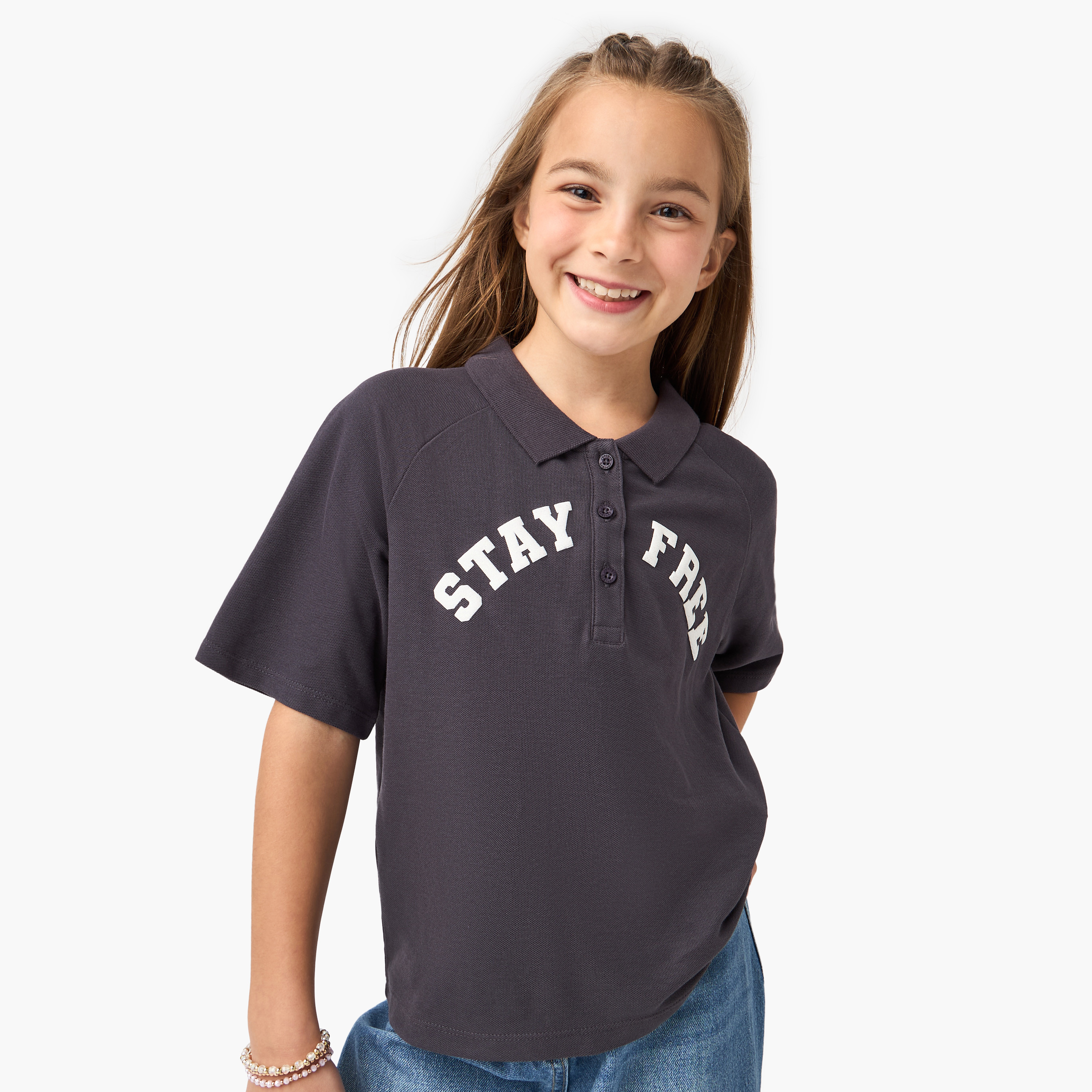 Juniors Typographic Print Polo T-shirt with Short Sleeves-girls-clothing-tshirts-image-1