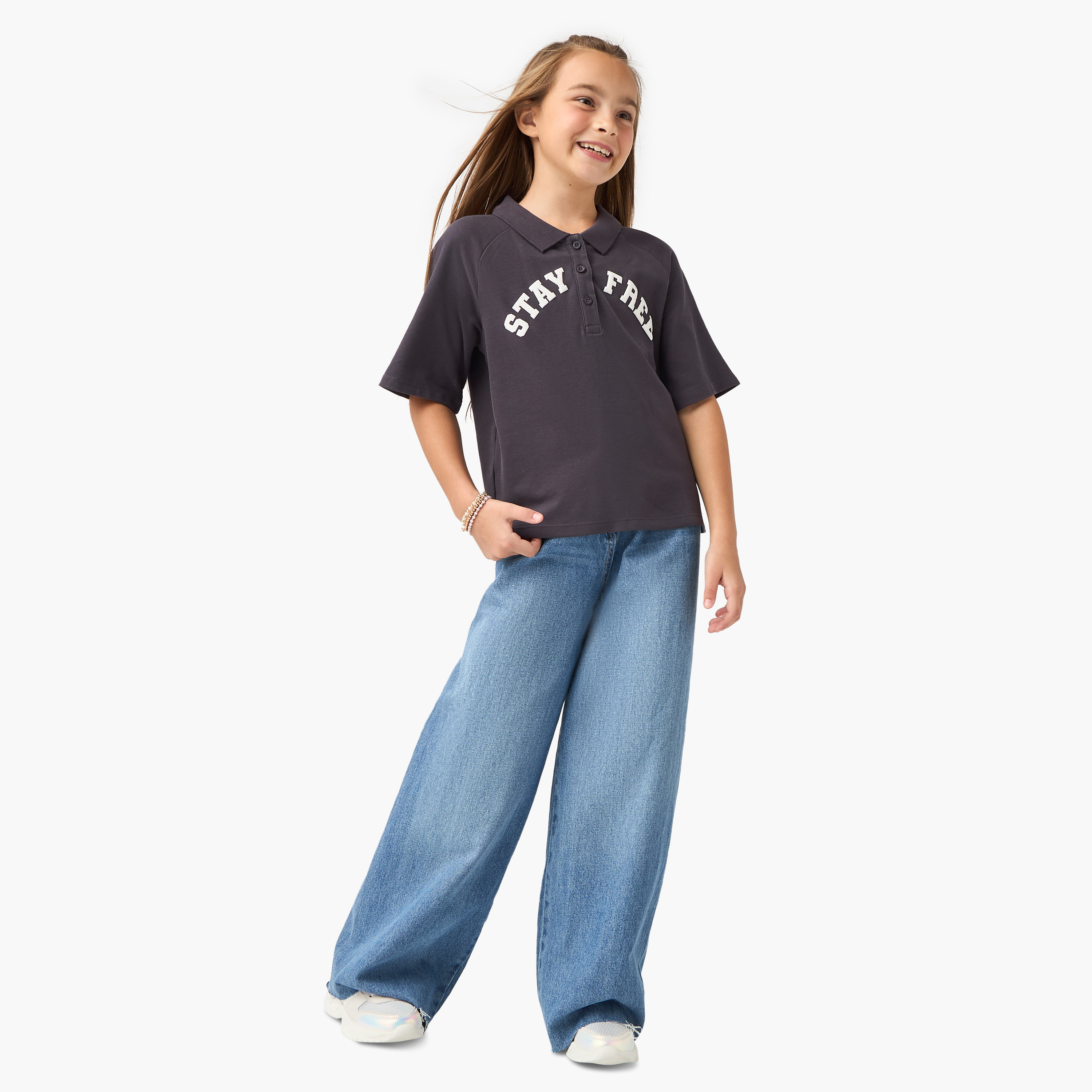 Juniors Typographic Print Polo T-shirt with Short Sleeves-girls-clothing-tshirts-image-2