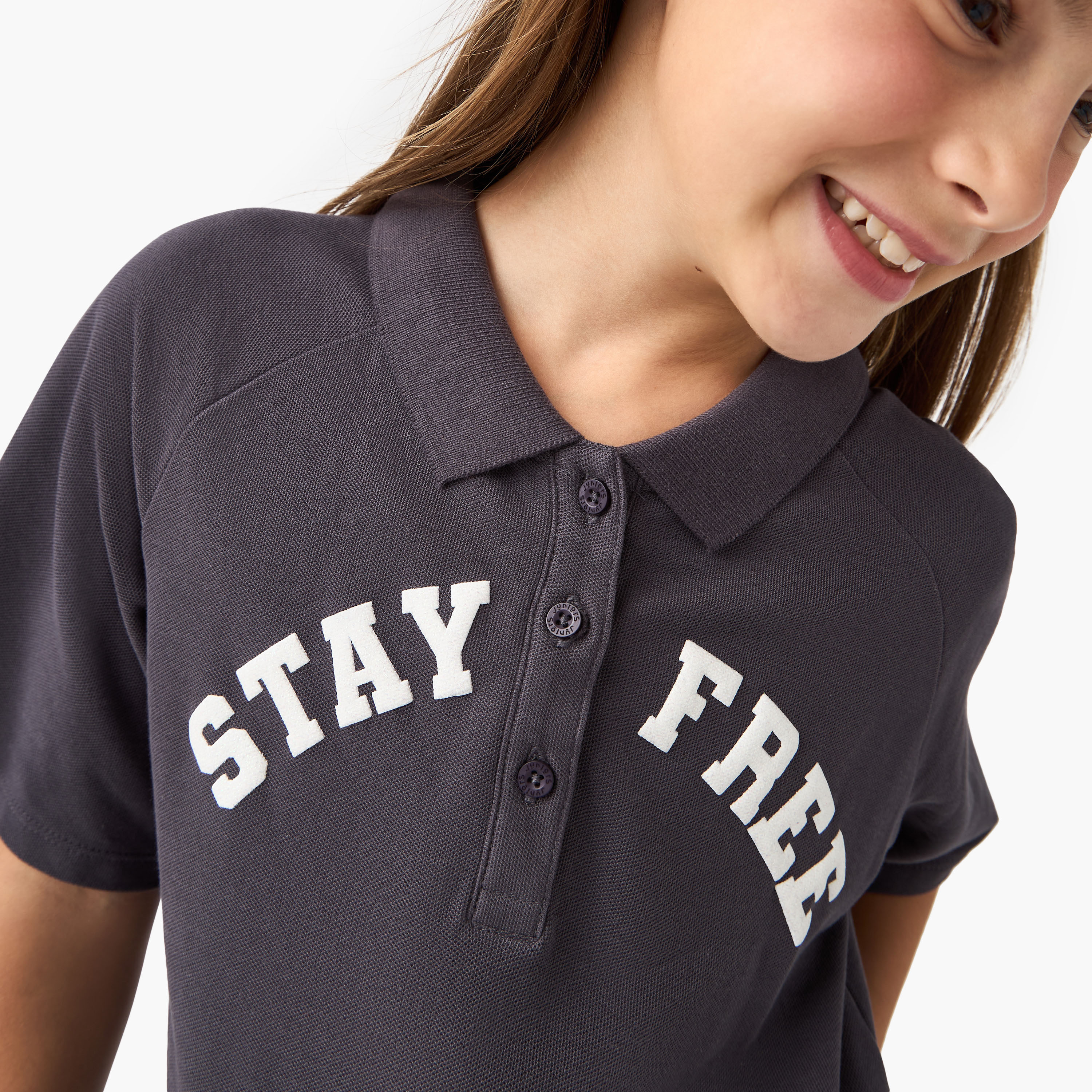 Juniors Typographic Print Polo T-shirt with Short Sleeves-girls-clothing-tshirts-image-4