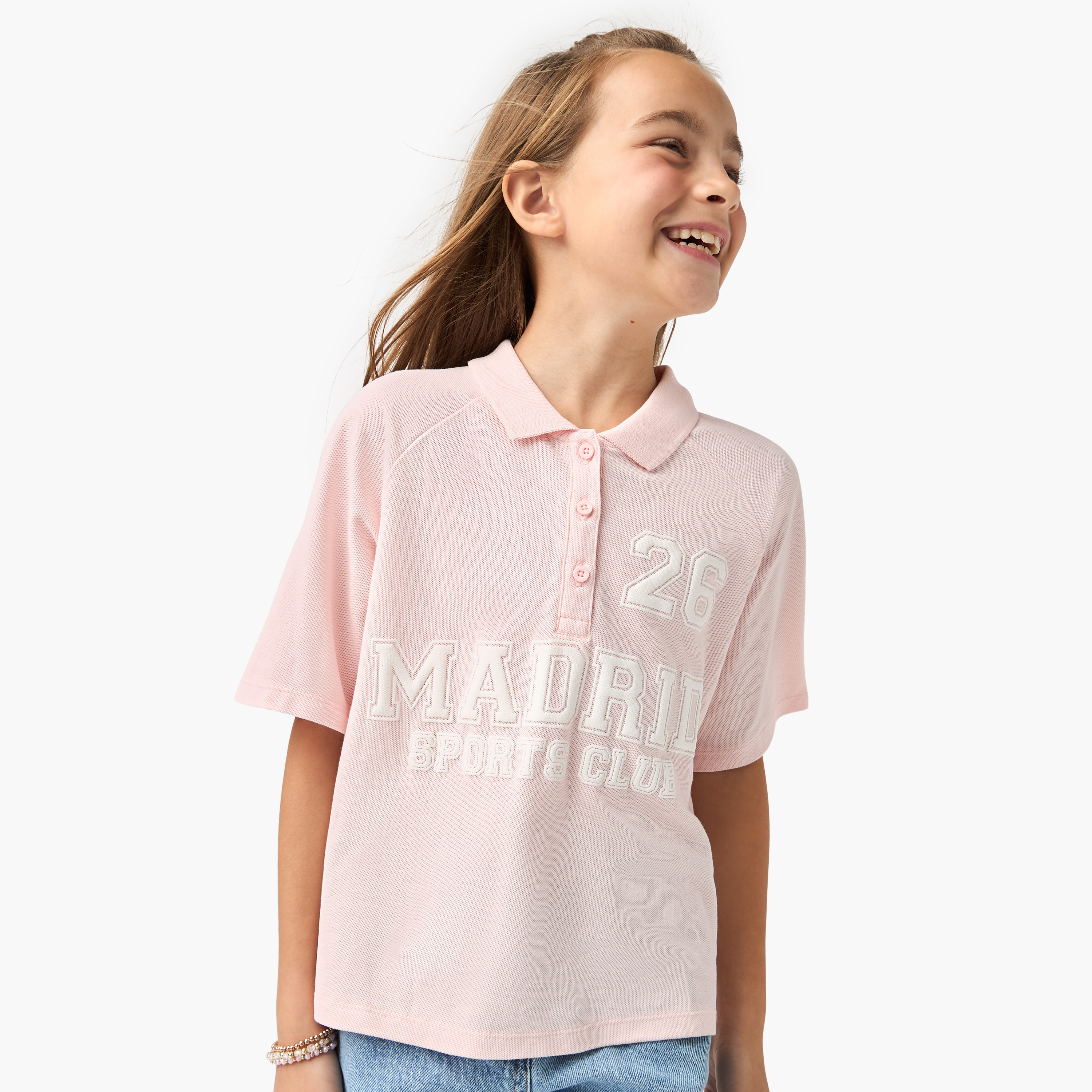 Juniors Varsity Polo T-shirt with Raglan Sleeves and Button Closure-girls-clothing-tshirts-image-1