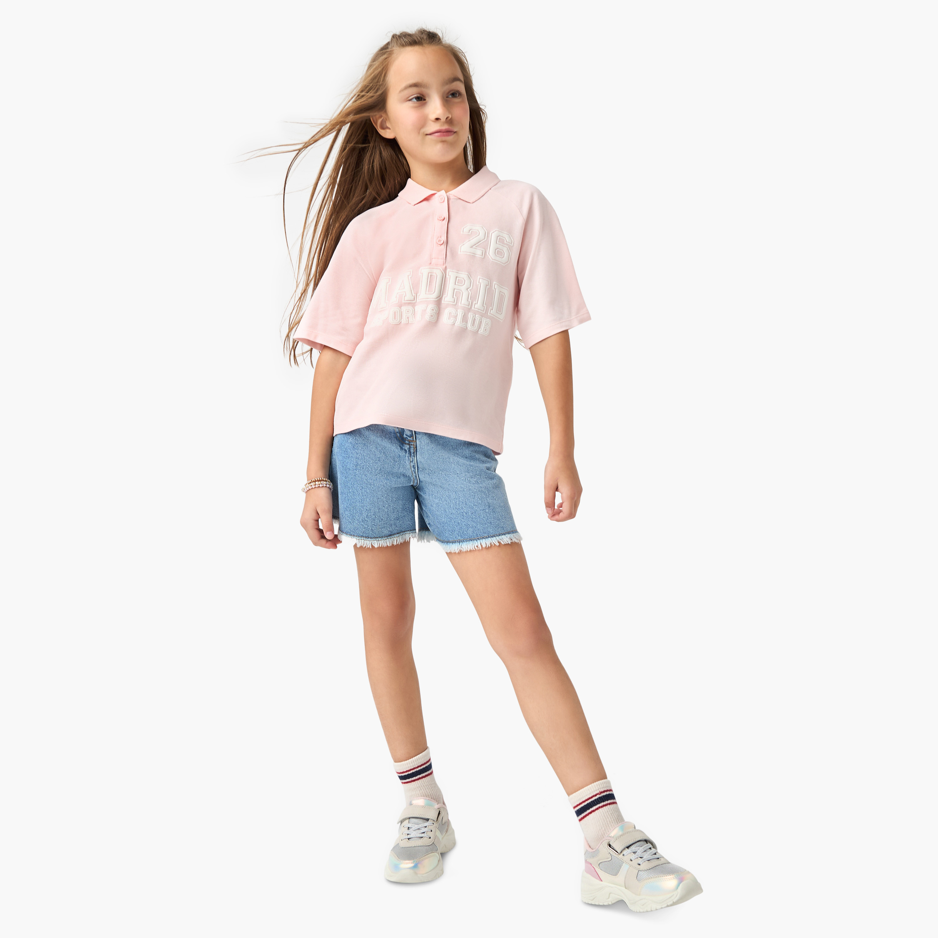 Juniors Varsity Polo T-shirt with Raglan Sleeves and Button Closure-girls-clothing-tshirts-image-2