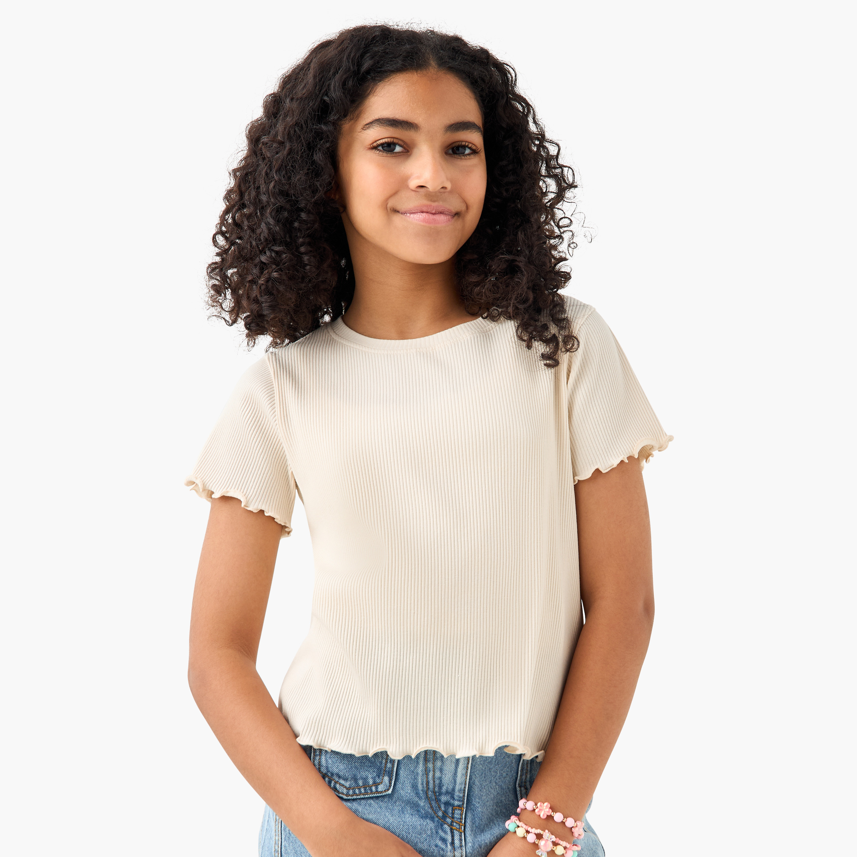 تيشيرت مضلع بطبعات أزهار وياقة ضيقة-girls-clothing-tshirts-image-1