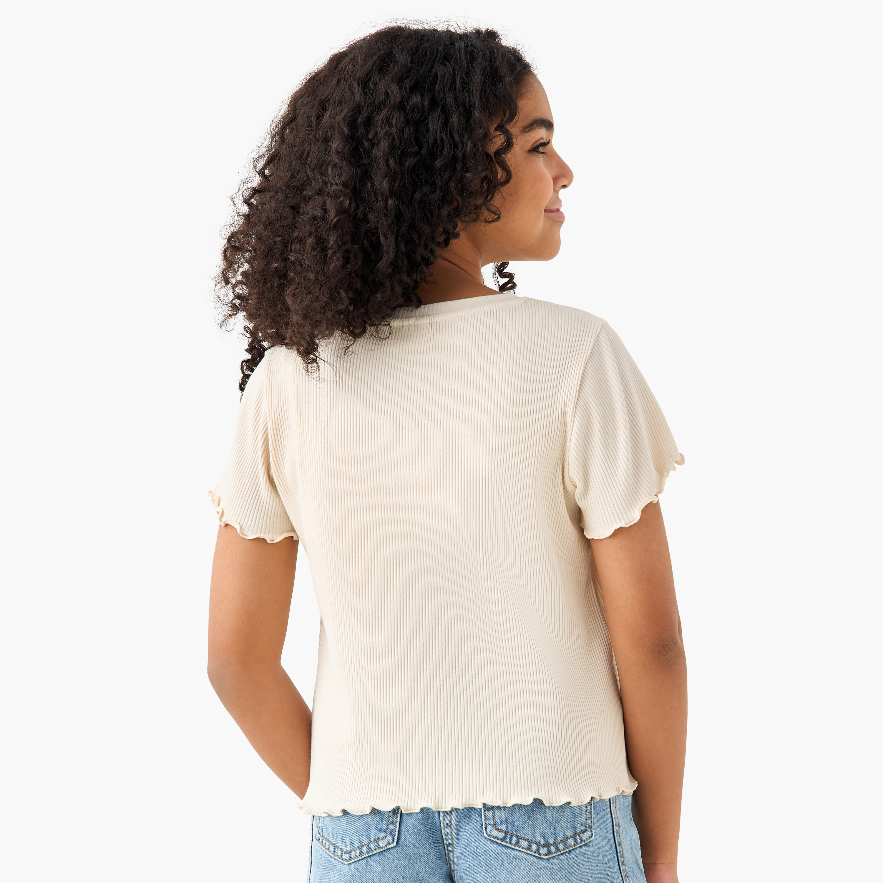 تيشيرت مضلع بطبعات أزهار وياقة ضيقة-girls-clothing-tshirts-image-3