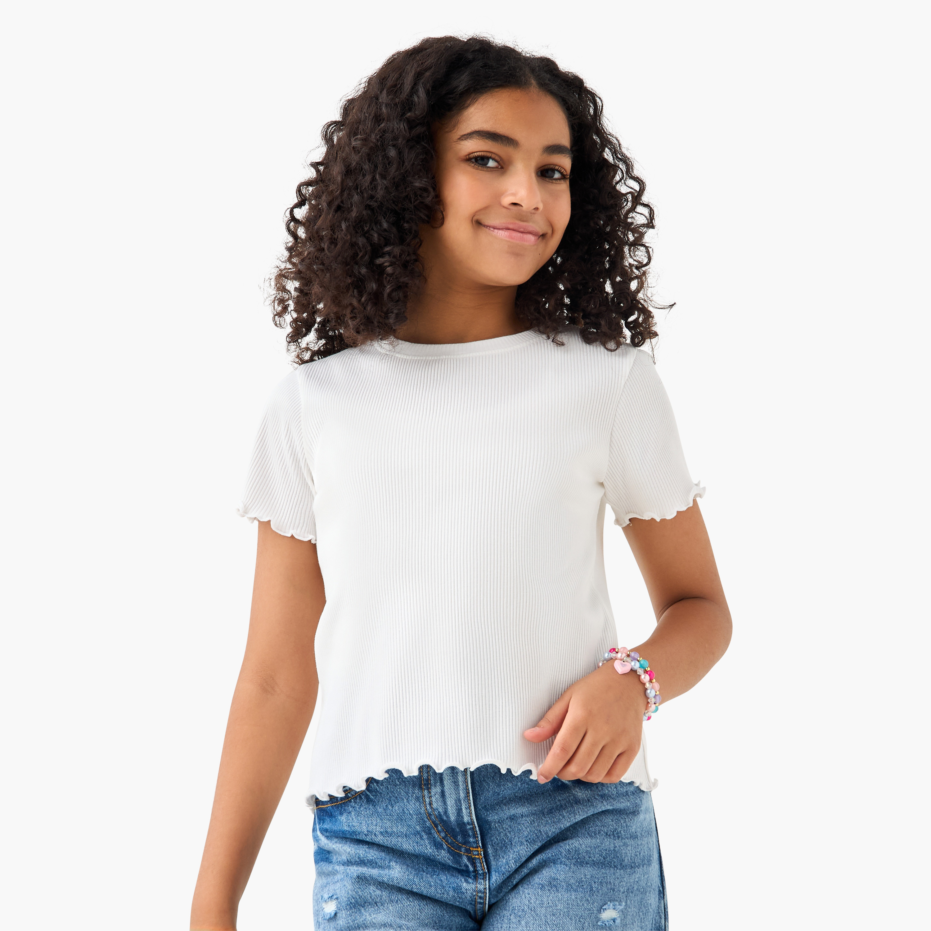 تيشيرت مضلع بطبعات أزهار وياقة ضيقة-girls-clothing-tshirts-image-1