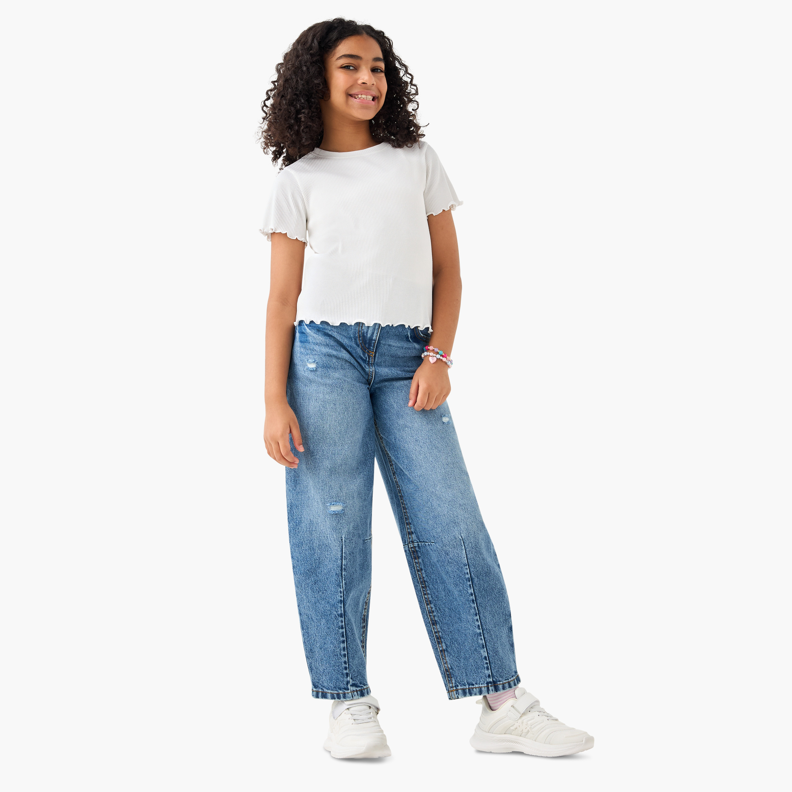 تيشيرت مضلع بطبعات أزهار وياقة ضيقة-girls-clothing-tshirts-image-2
