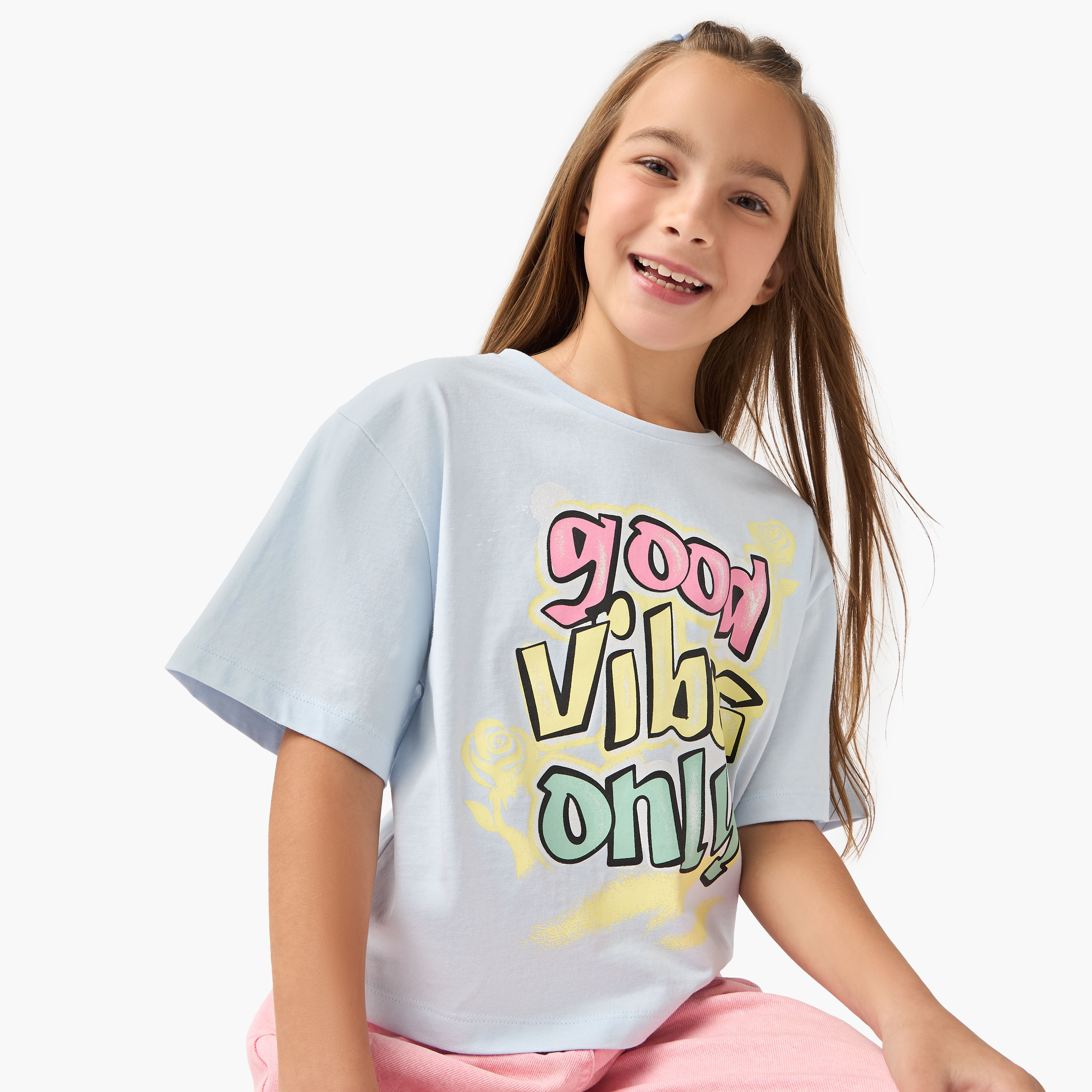 Juniors Slogan Print Boxy T-shirt with Short Sleeves-girls-clothing-tshirts-image-1