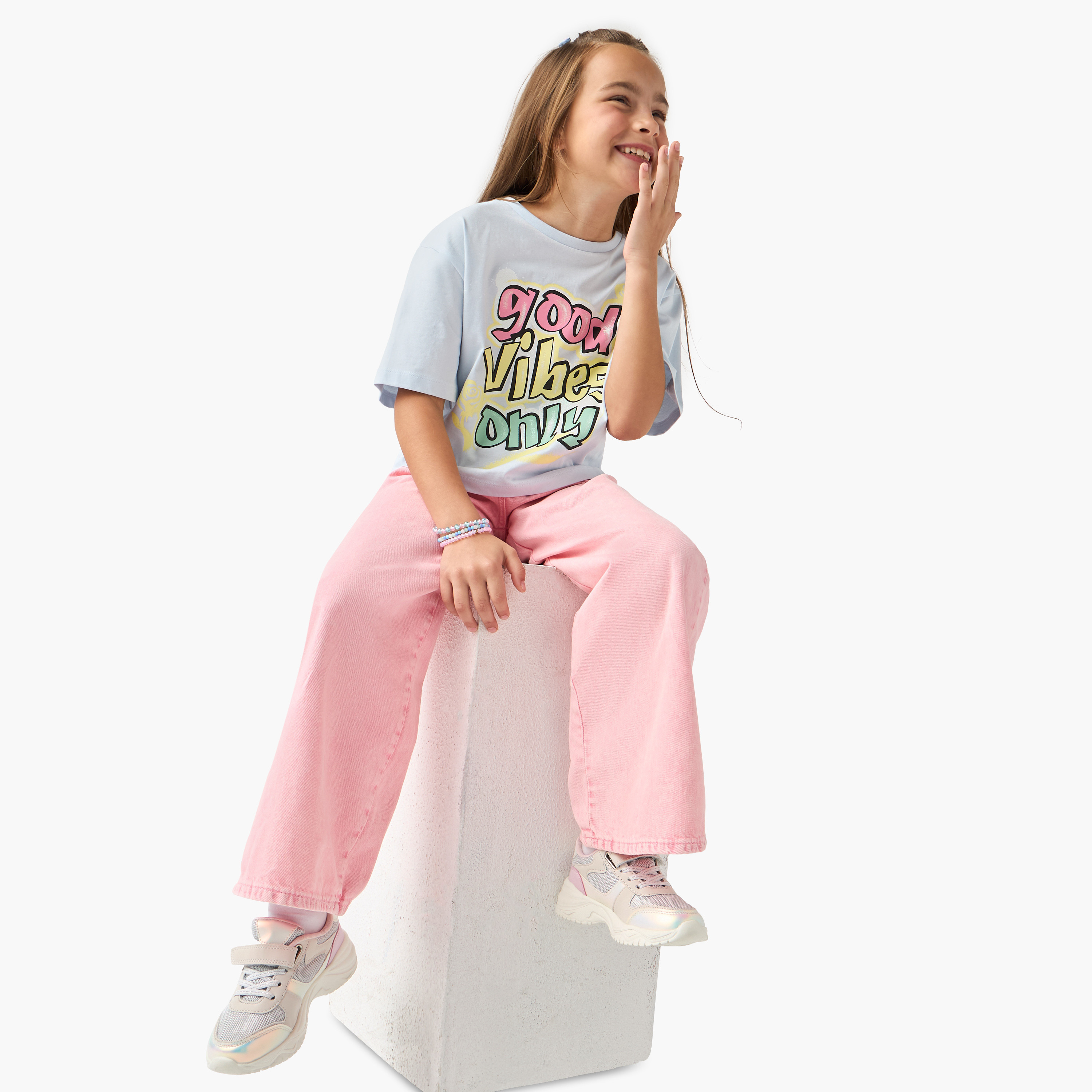 Juniors Slogan Print Boxy T-shirt with Short Sleeves-girls-clothing-tshirts-image-2