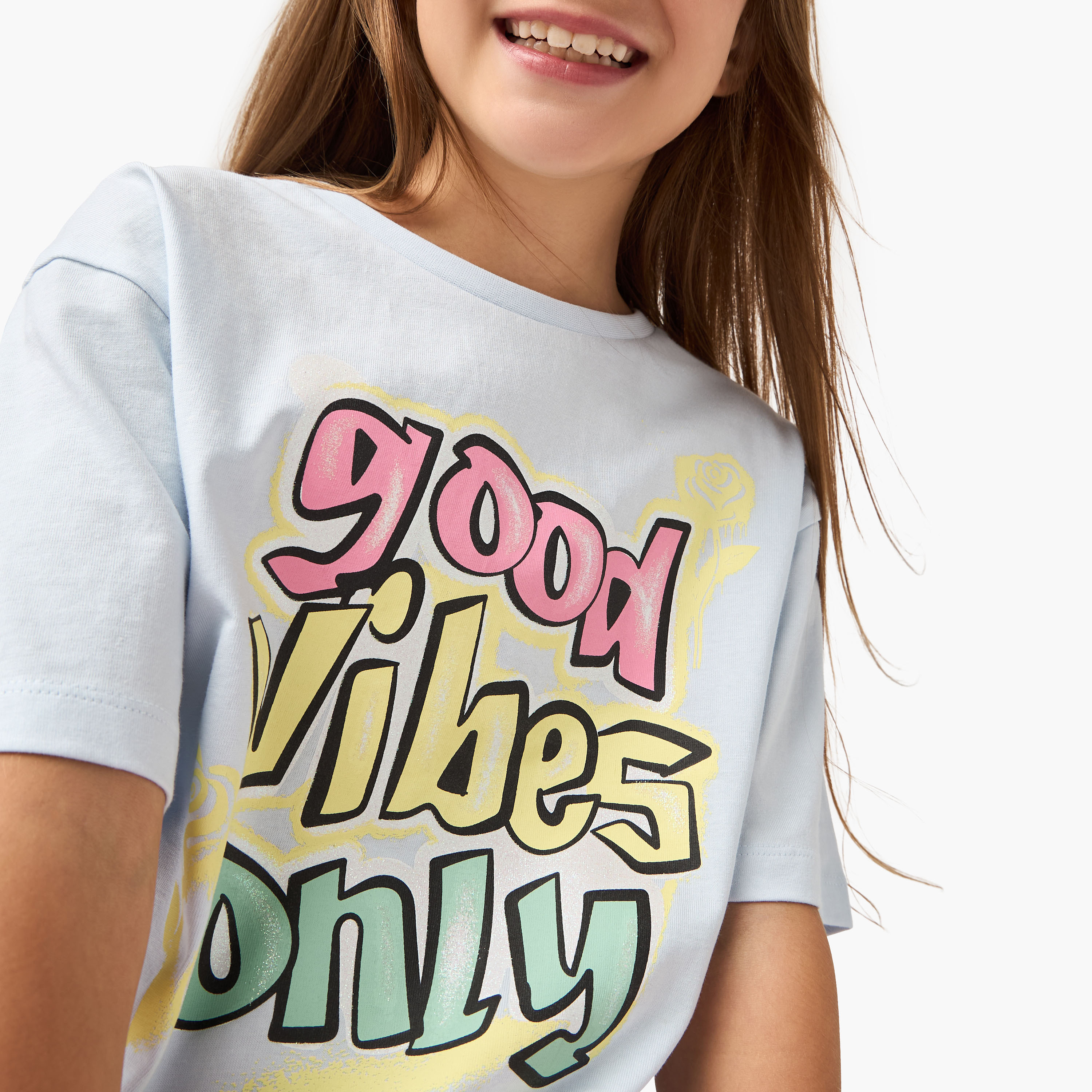 Juniors Slogan Print Boxy T-shirt with Short Sleeves-girls-clothing-tshirts-image-4