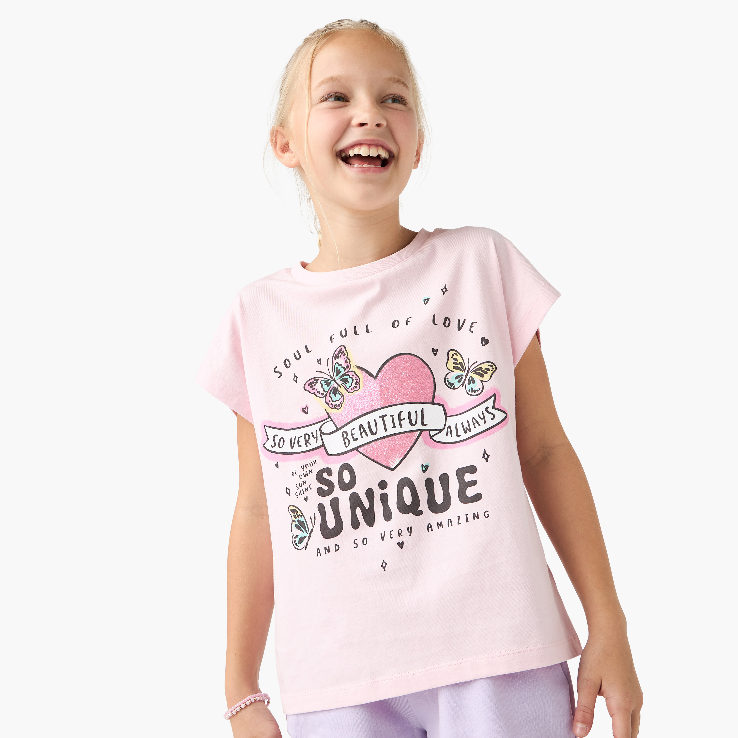 Juniors Graphic Print Crew Neck T-shirt with Short Sleeves-girls-clothing-tshirts-image-1