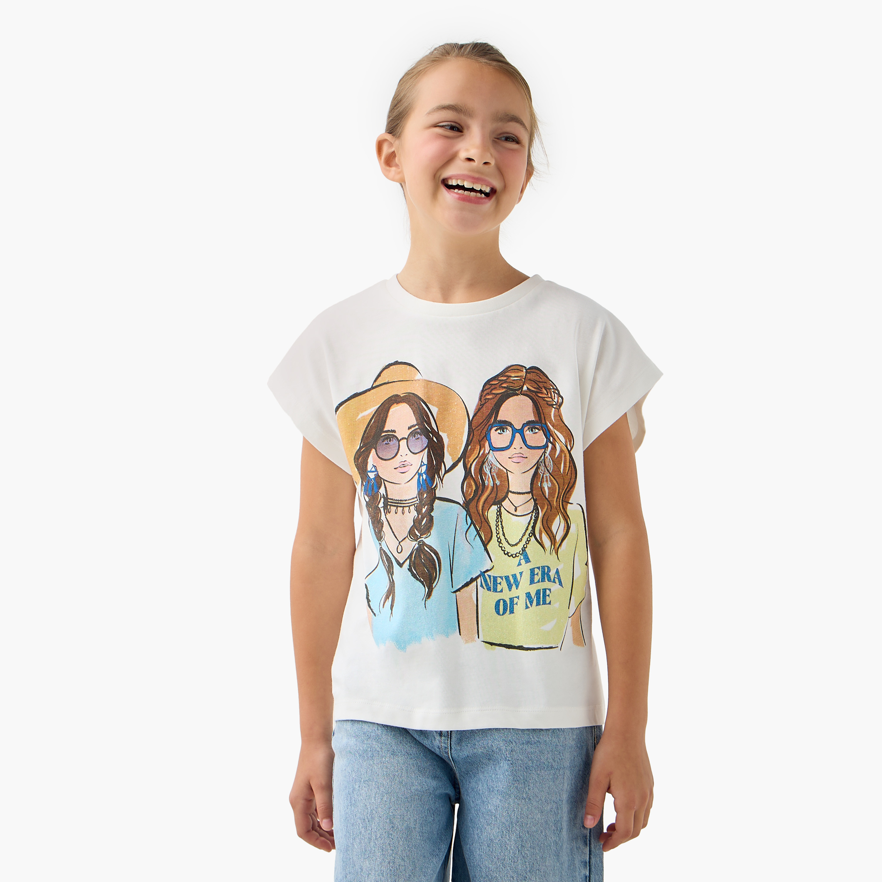تيشيرت بياقة ضيقة وأكمام قصيرة وطبعات جرافيك من جونيورز-girls-clothing-tshirts-image-4