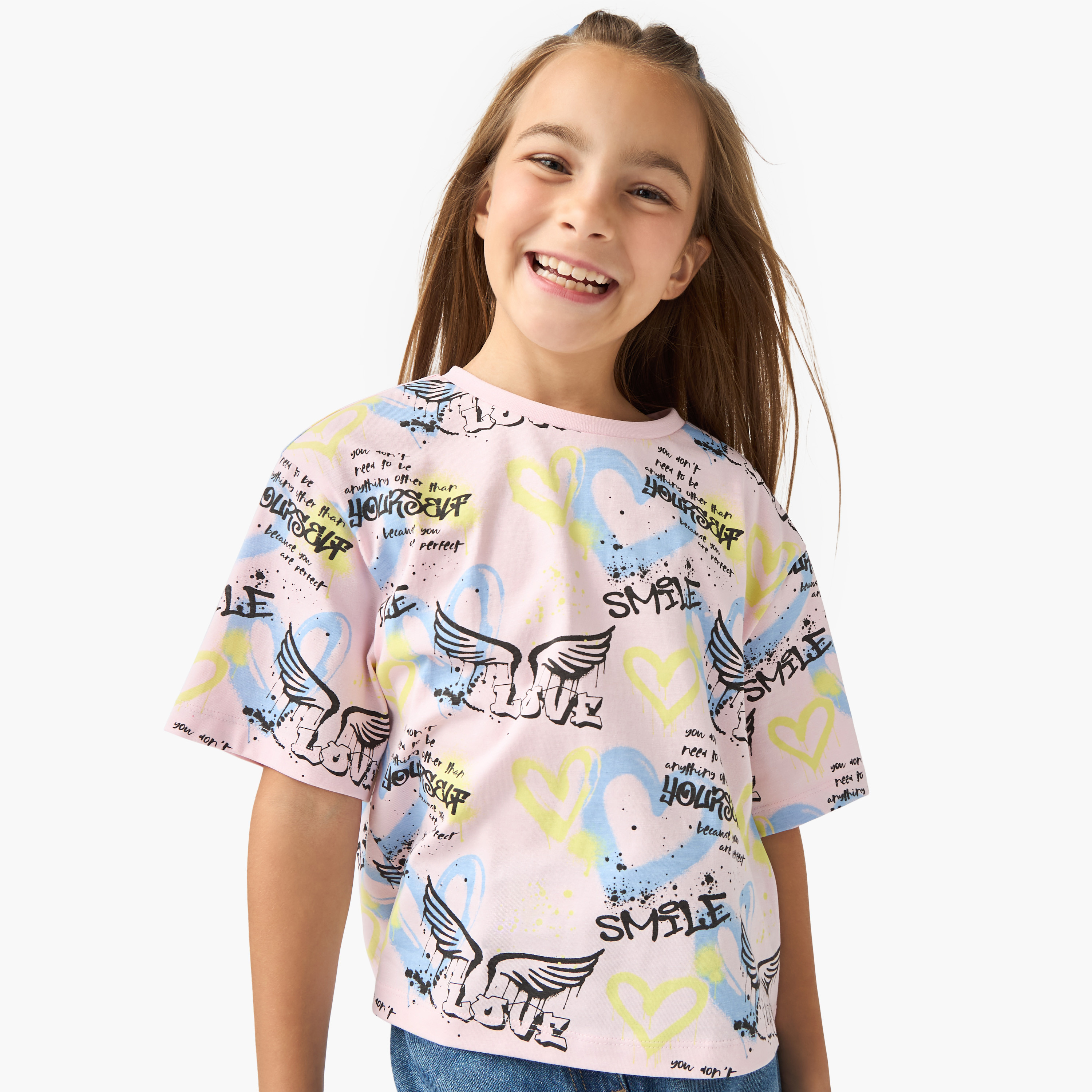 All-Over Graffiti Print Boxy T-shirt with Short Sleeves-girls-clothing-tshirts-image-1