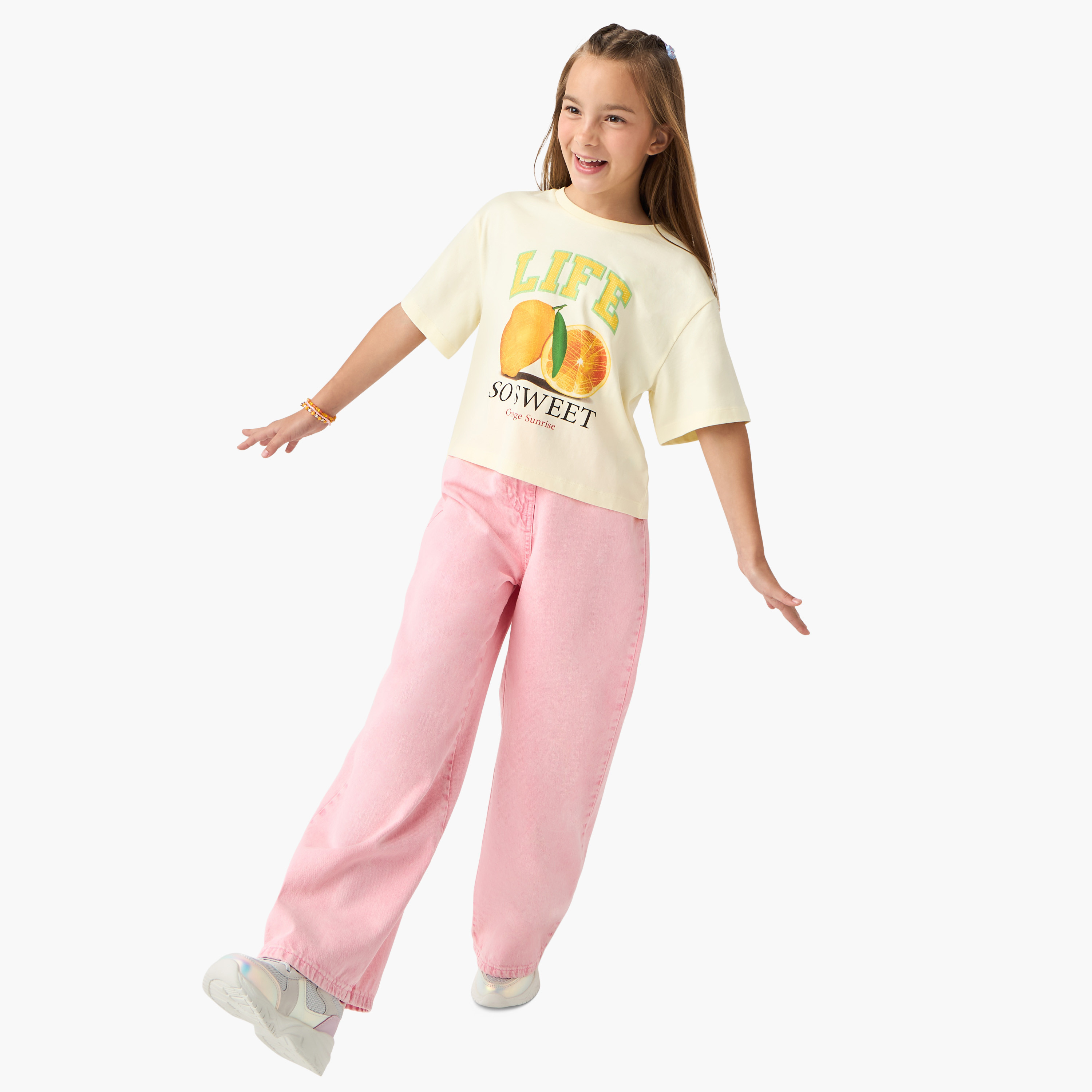 Juniors Graphic Print Crew Neck T-shirt with Short Sleeves-girls-clothing-tshirts-image-2