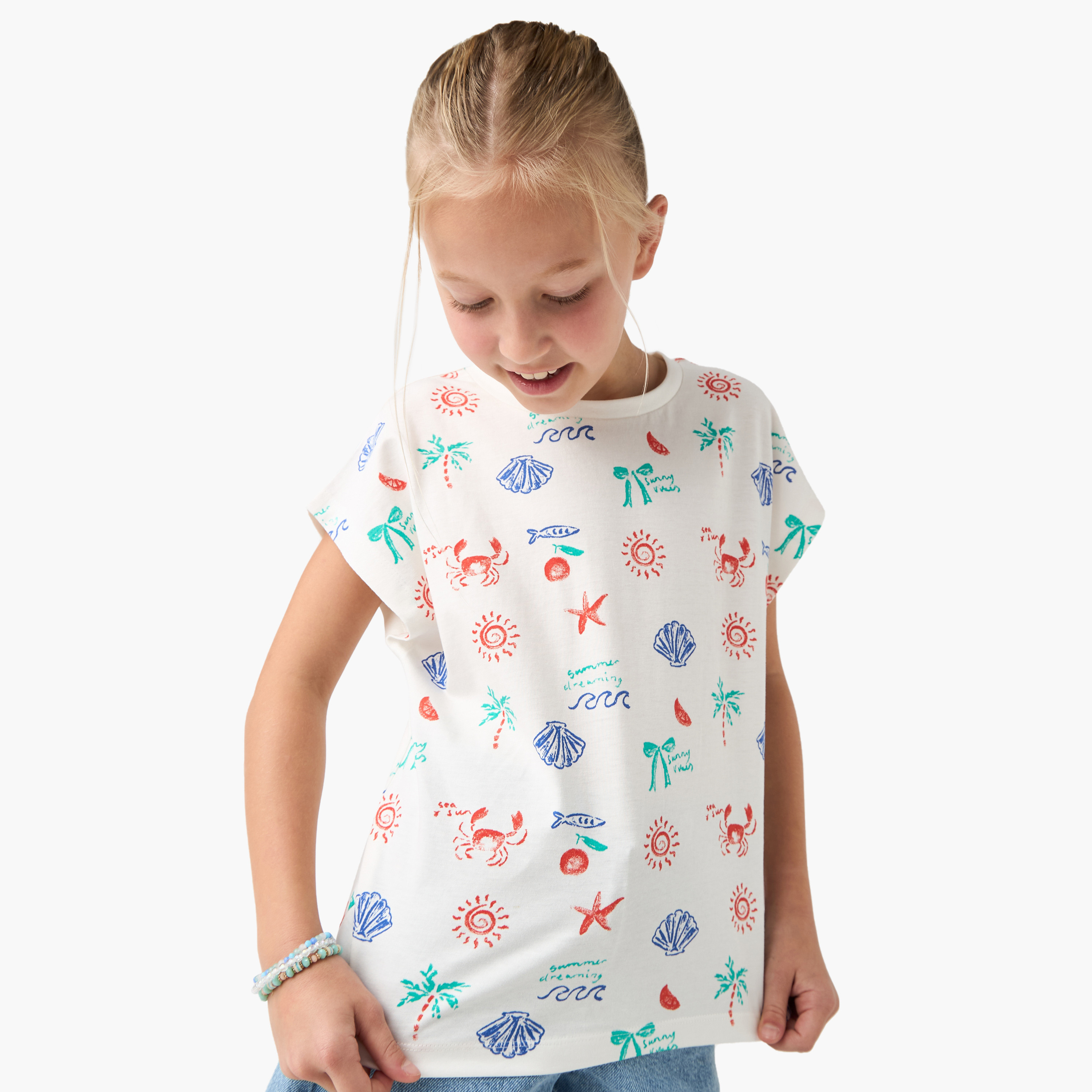 Juniors All-Over Graphic Print Crew Neck T-shirt with Extended Sleeves-girls-clothing-tshirts-image-1