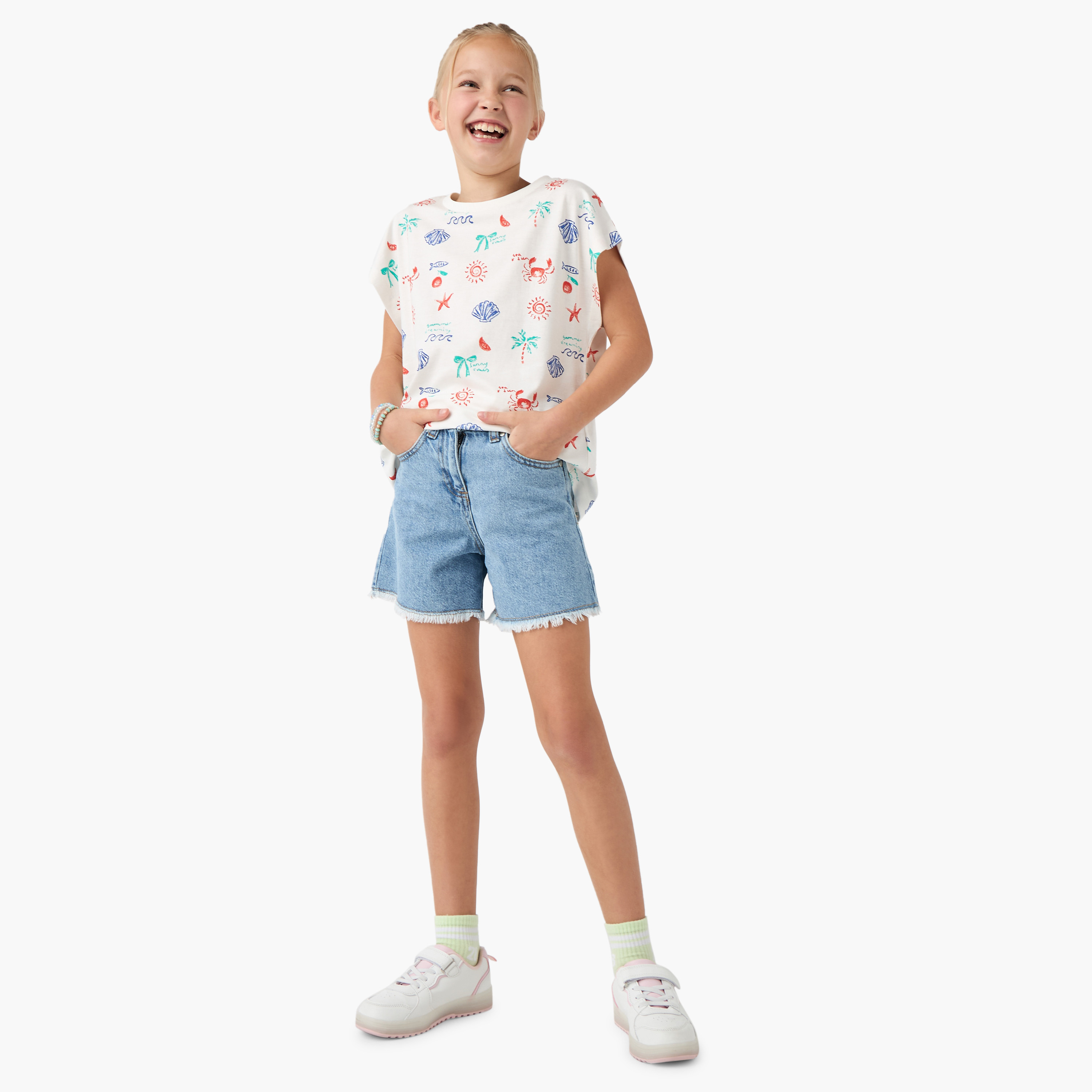 Juniors All-Over Graphic Print Crew Neck T-shirt with Extended Sleeves-girls-clothing-tshirts-image-2