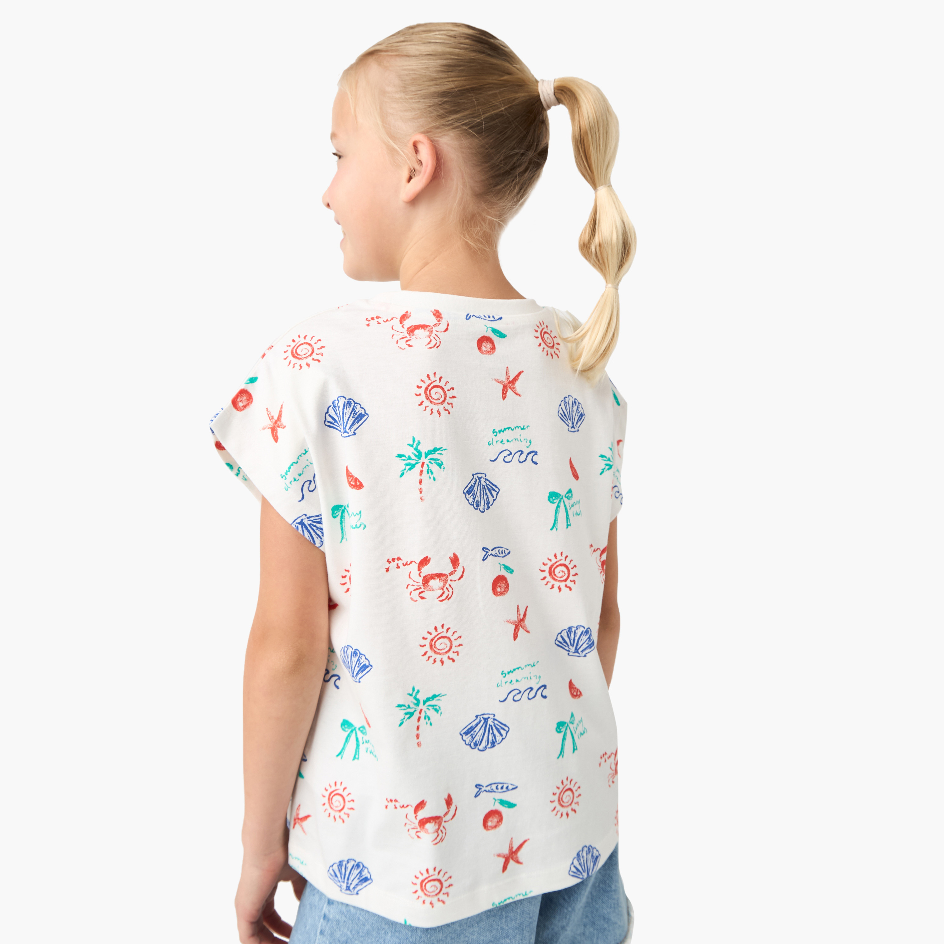 Juniors All-Over Graphic Print Crew Neck T-shirt with Extended Sleeves-girls-clothing-tshirts-image-3