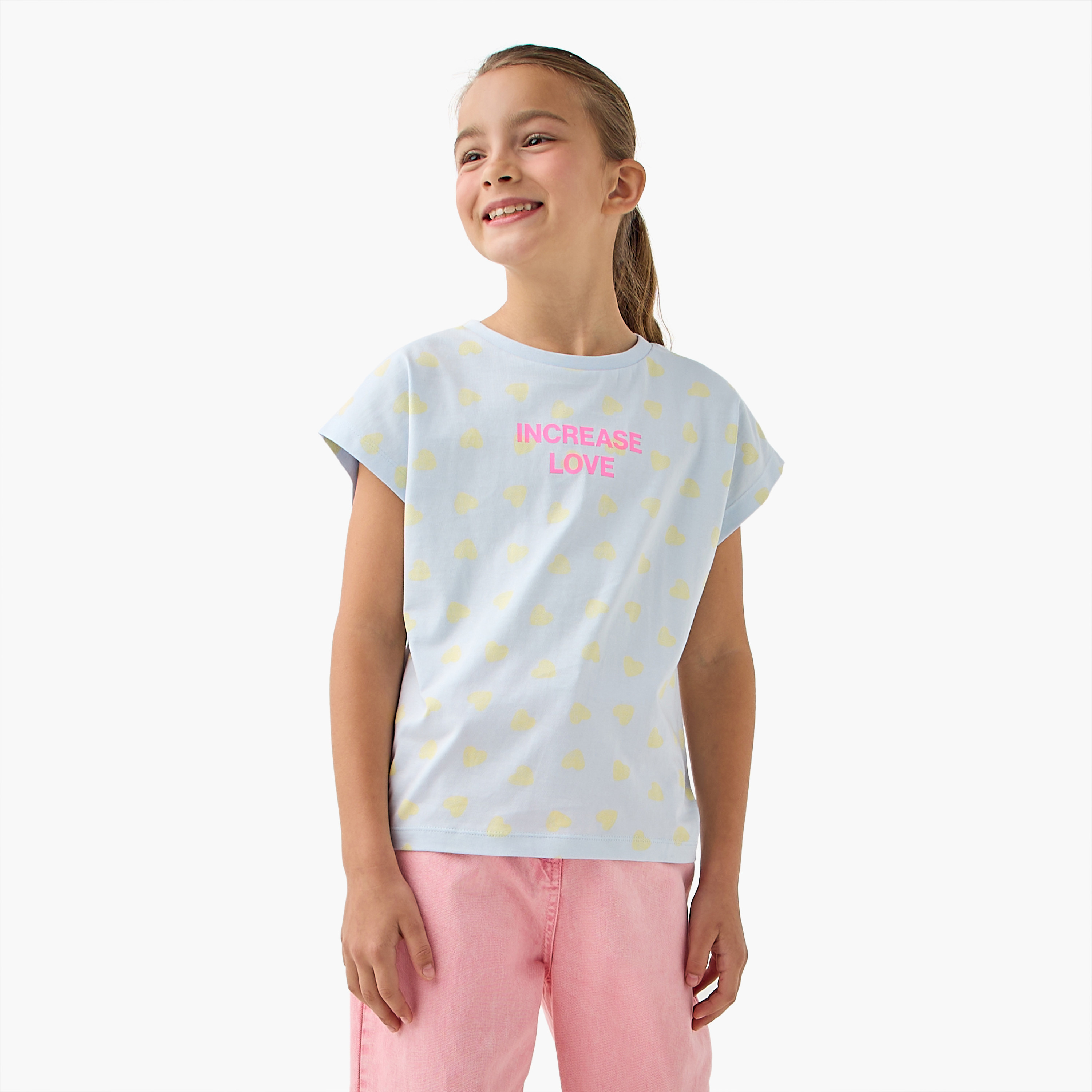 Juniors Graphic Print Crew Neck T-shirt with Short Sleeves-girls-clothing-tshirts-image-1
