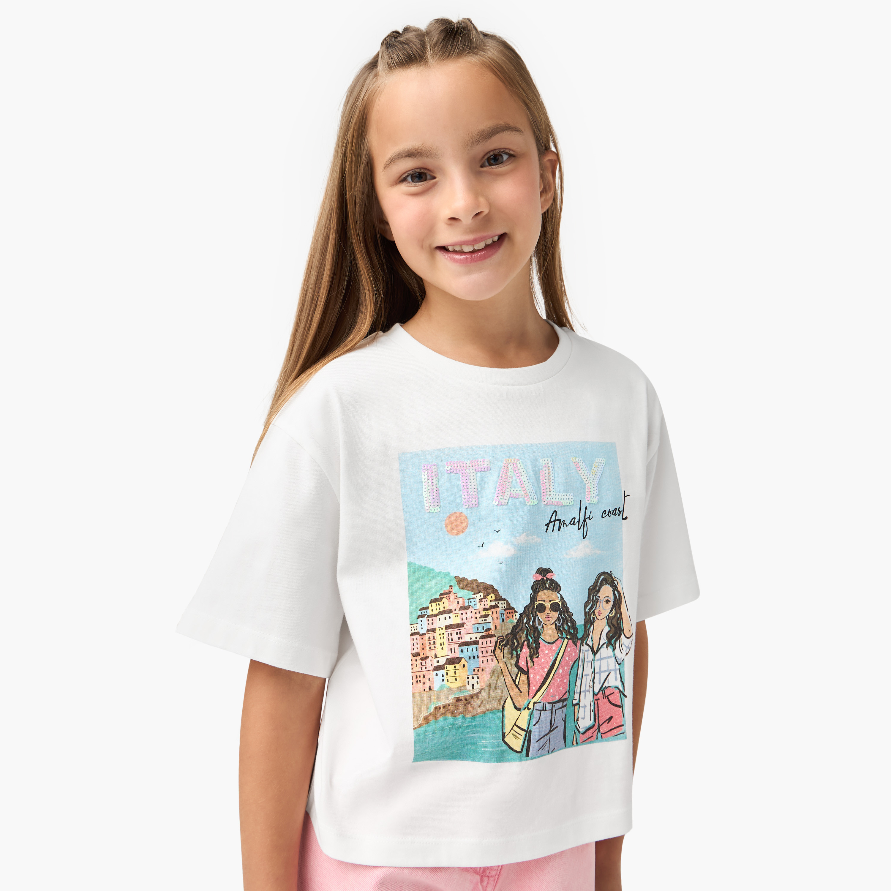 Juniors Embellished Boxy T-shirt with Short Sleeves-girls-clothing-tshirts-image-1