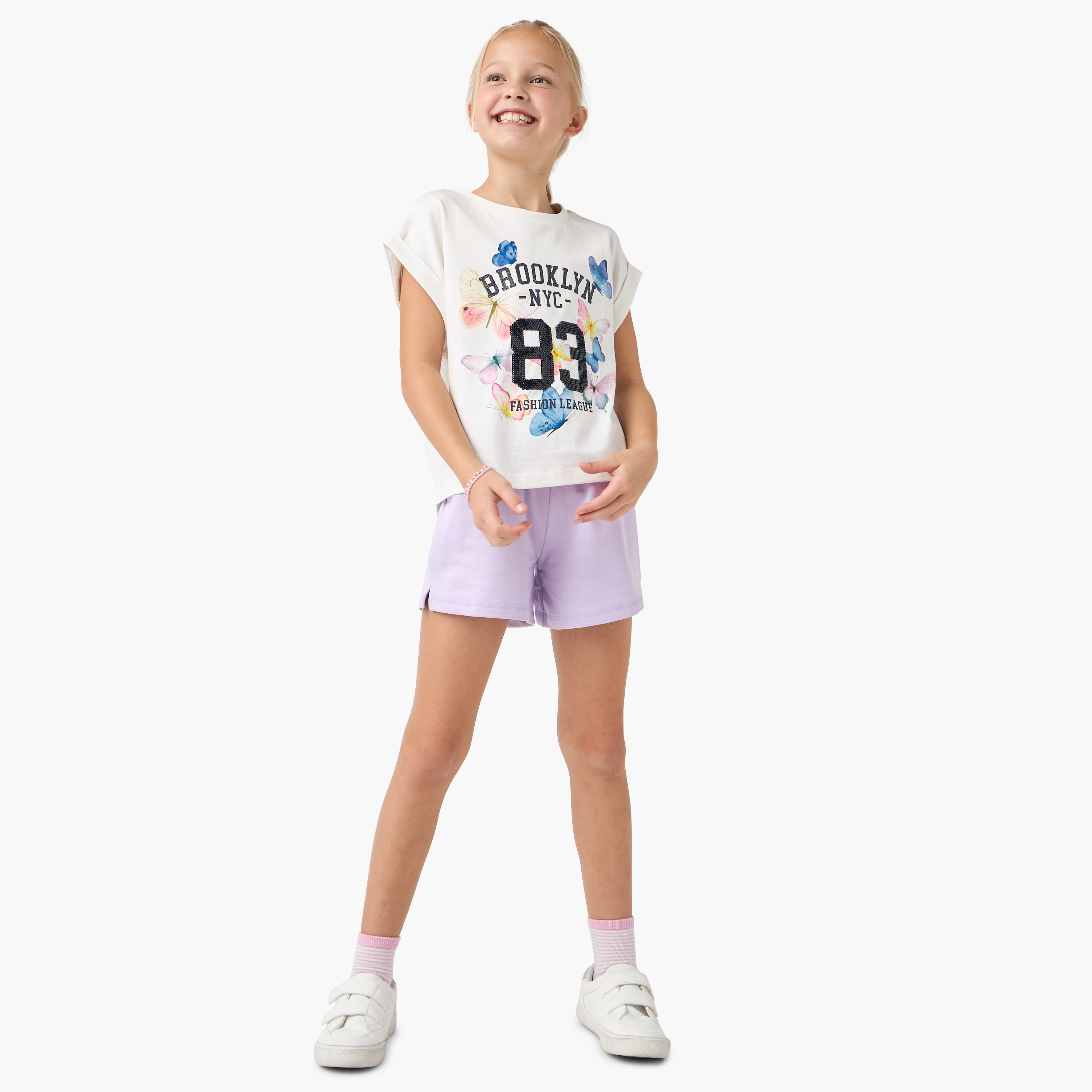 Juniors Graphic Print Crew Neck T-shirt with Extended Sleeves-girls-clothing-tshirts-image-2