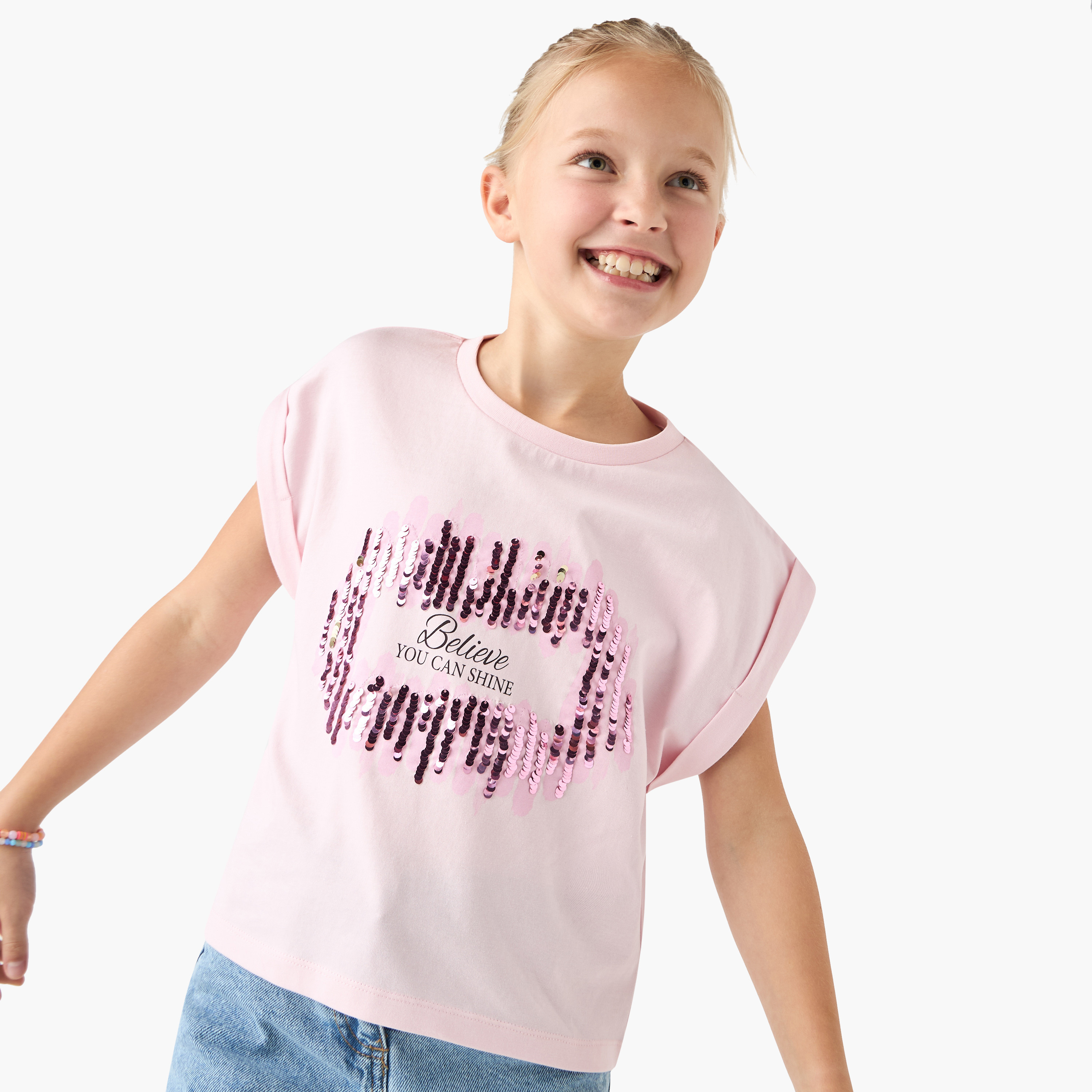 Juniors Sequin Embellished Crew Neck T-shirt with Extended Sleeves-girls-clothing-tshirts-image-1