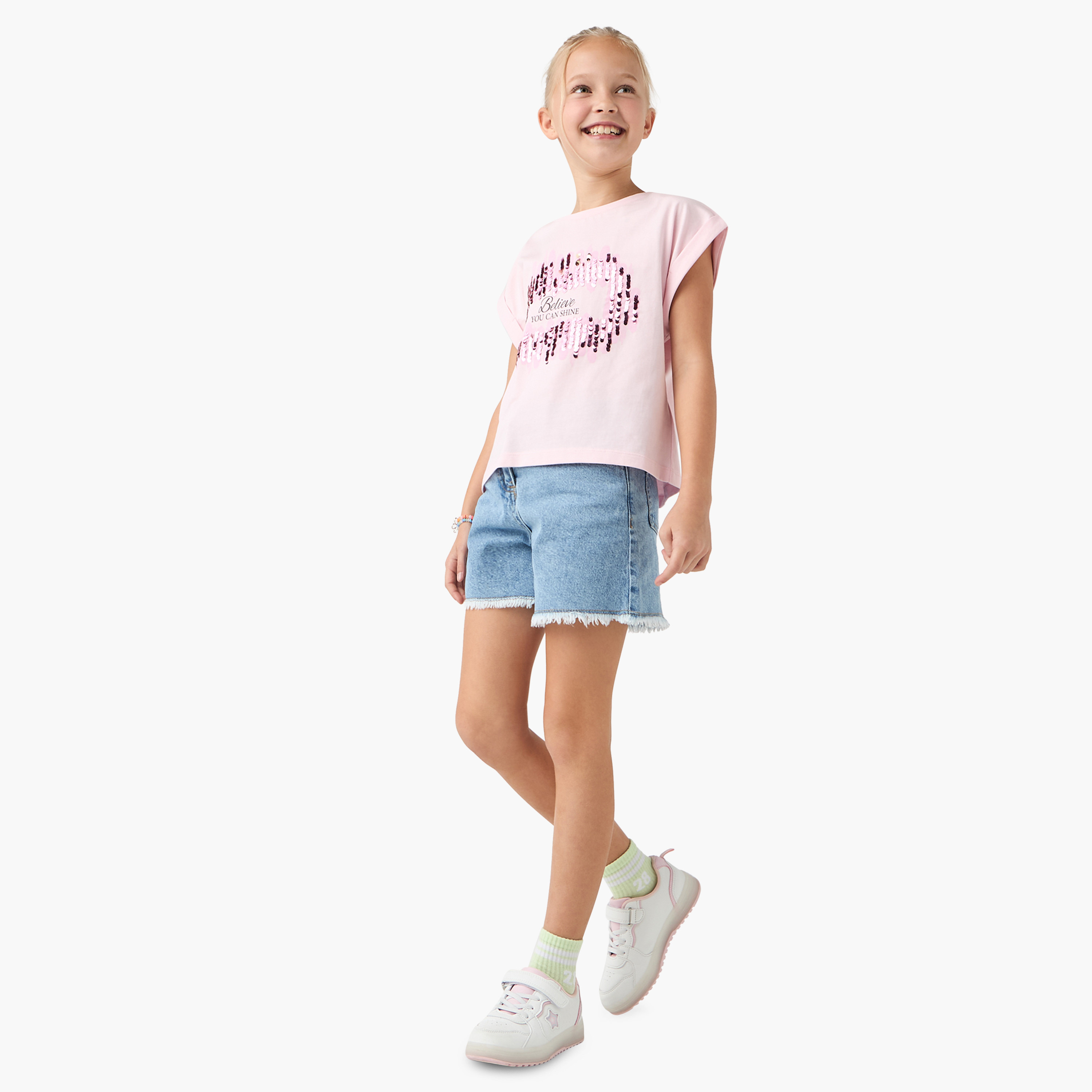 Juniors Sequin Embellished Crew Neck T-shirt with Extended Sleeves-girls-clothing-tshirts-image-2