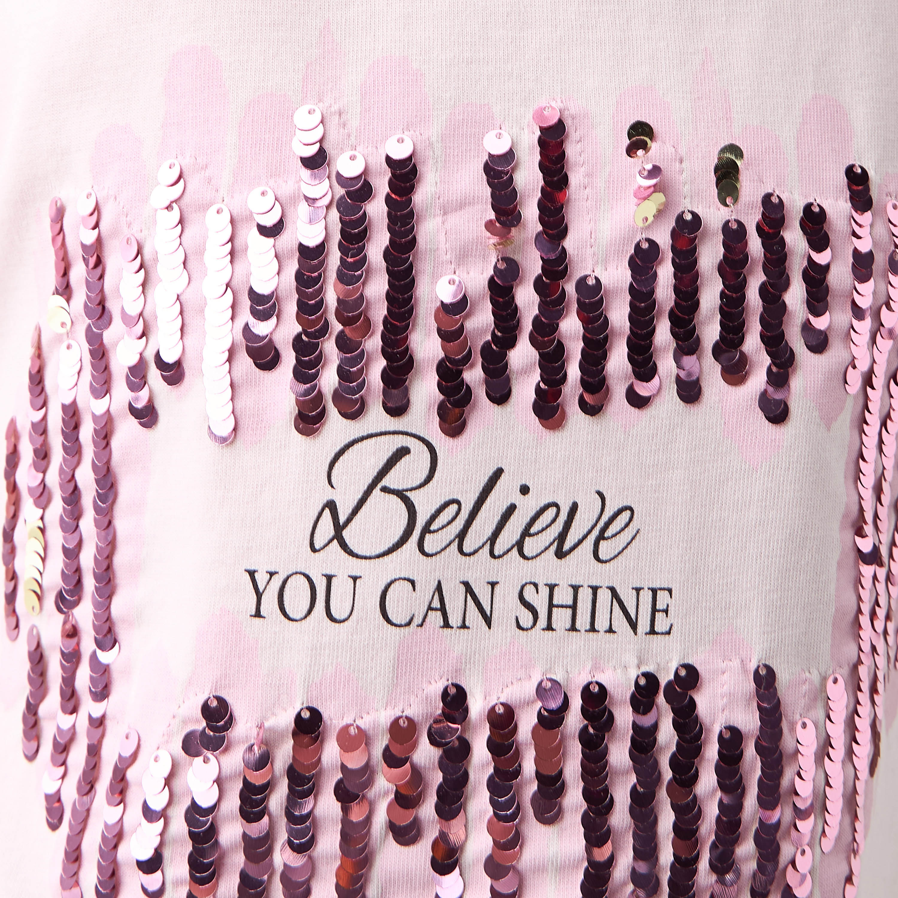 Juniors Sequin Embellished Crew Neck T-shirt with Extended Sleeves-girls-clothing-tshirts-image-4