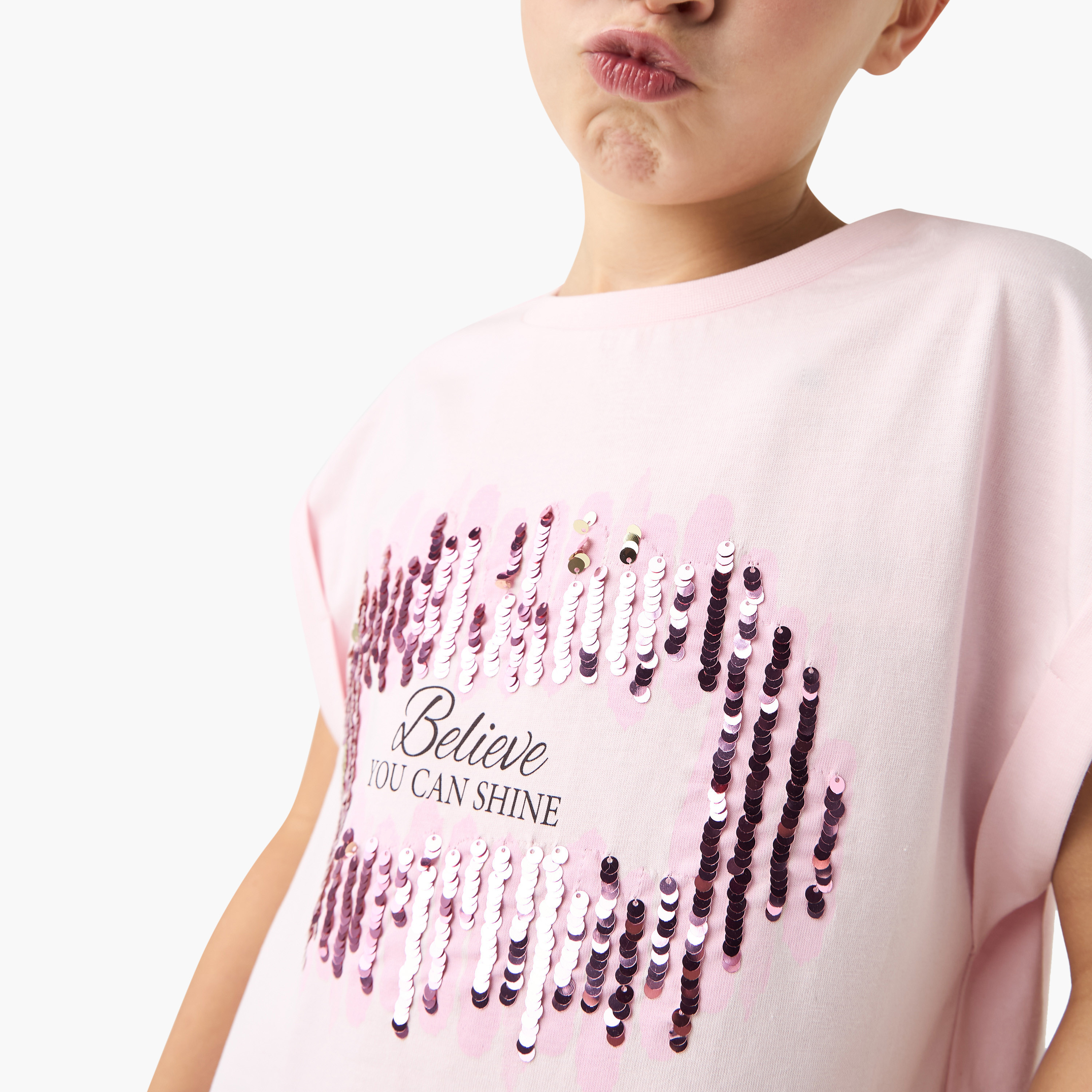 Juniors Sequin Embellished Crew Neck T-shirt with Extended Sleeves-girls-clothing-tshirts-image-5
