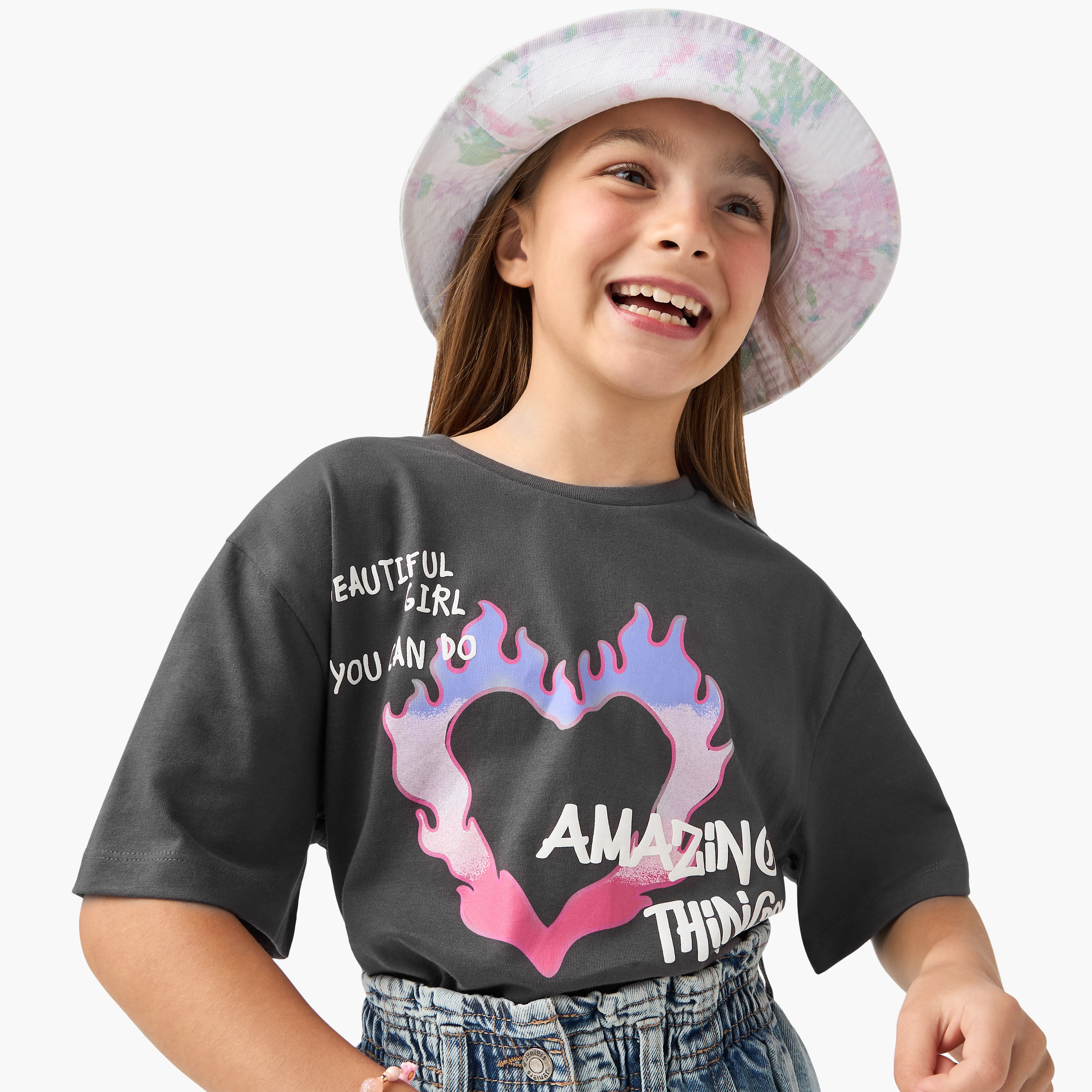 Juniors Graphic Print T-shirt with Short Sleeves and Crew Neck-girls-clothing-tshirts-image-1