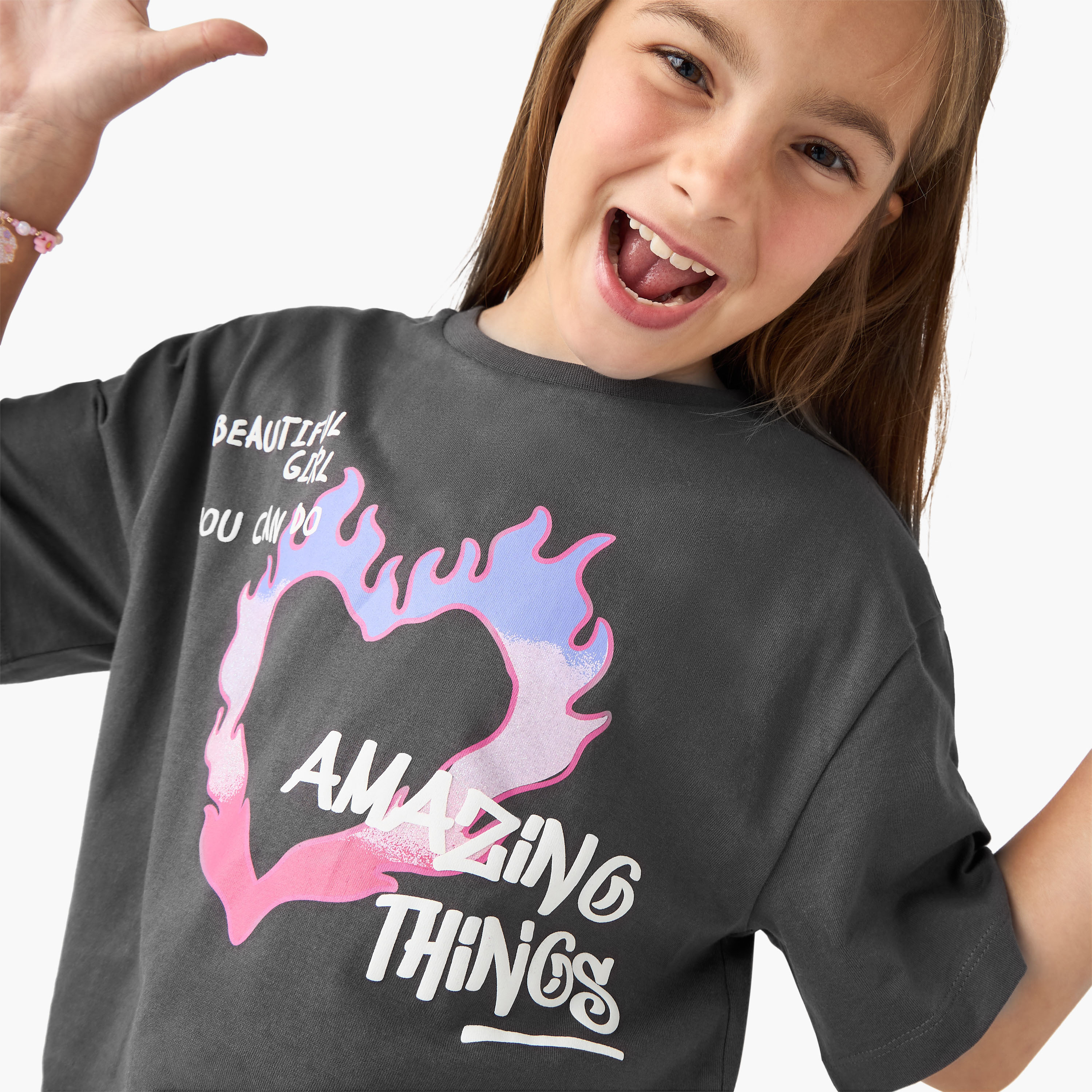 Juniors Graphic Print T-shirt with Short Sleeves and Crew Neck-girls-clothing-tshirts-image-4