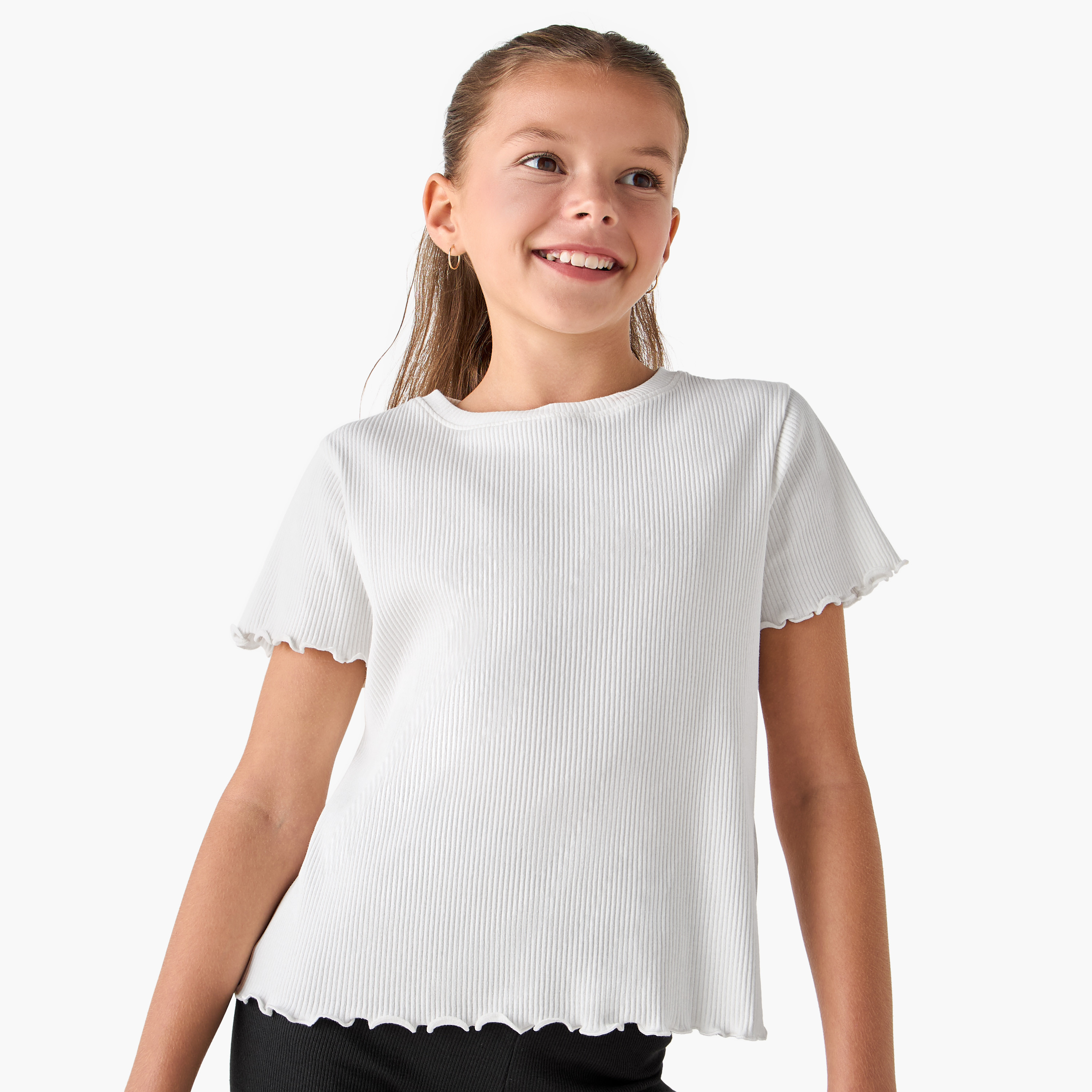 Ribbed Crew Neck T-shirt with Lettuce Hem-girls-clothing-tshirts-image-1
