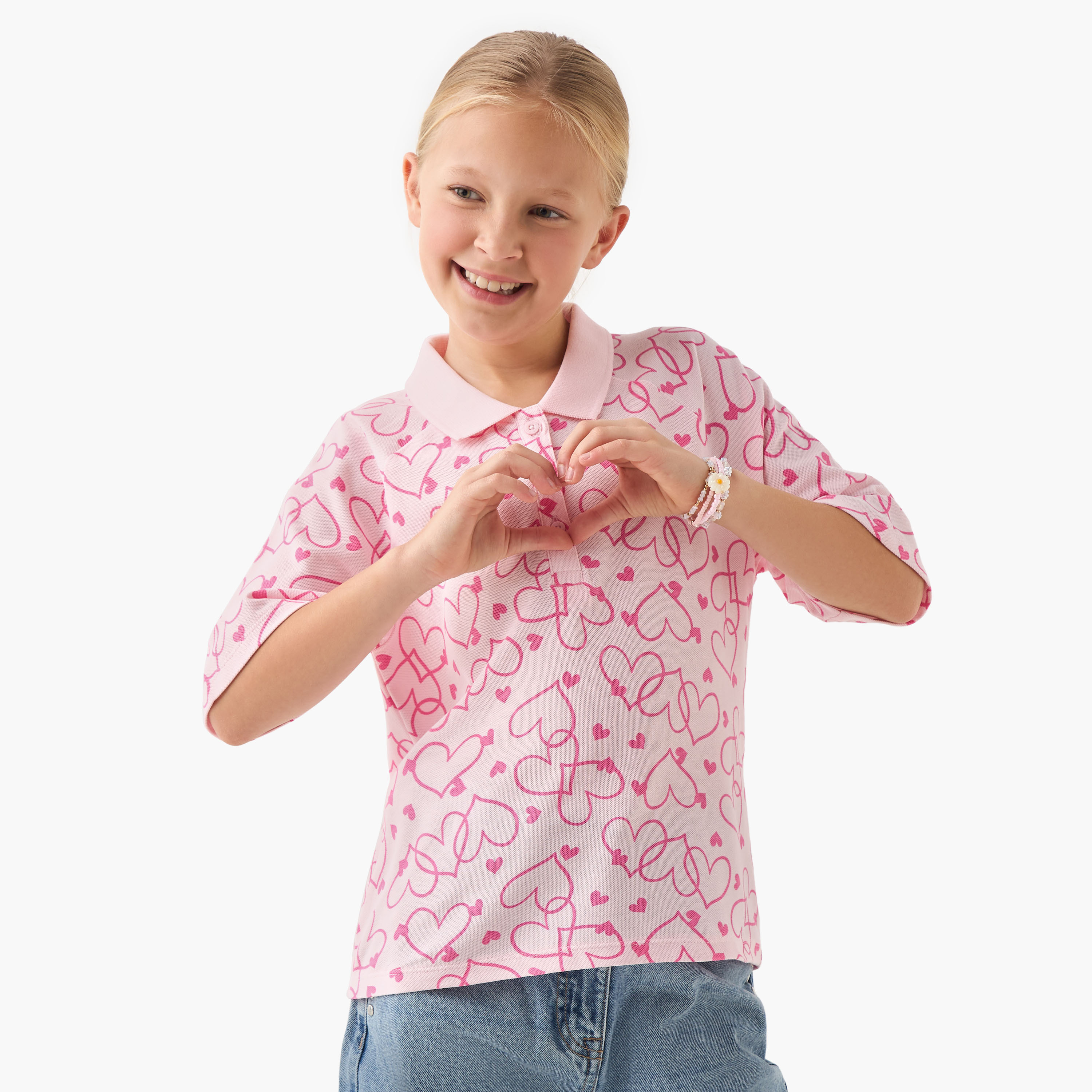 تيشيرت بولو بنصف وصلة أزرار وأكمام قصيرة وطبعات-girls-clothing-tshirts-image-1