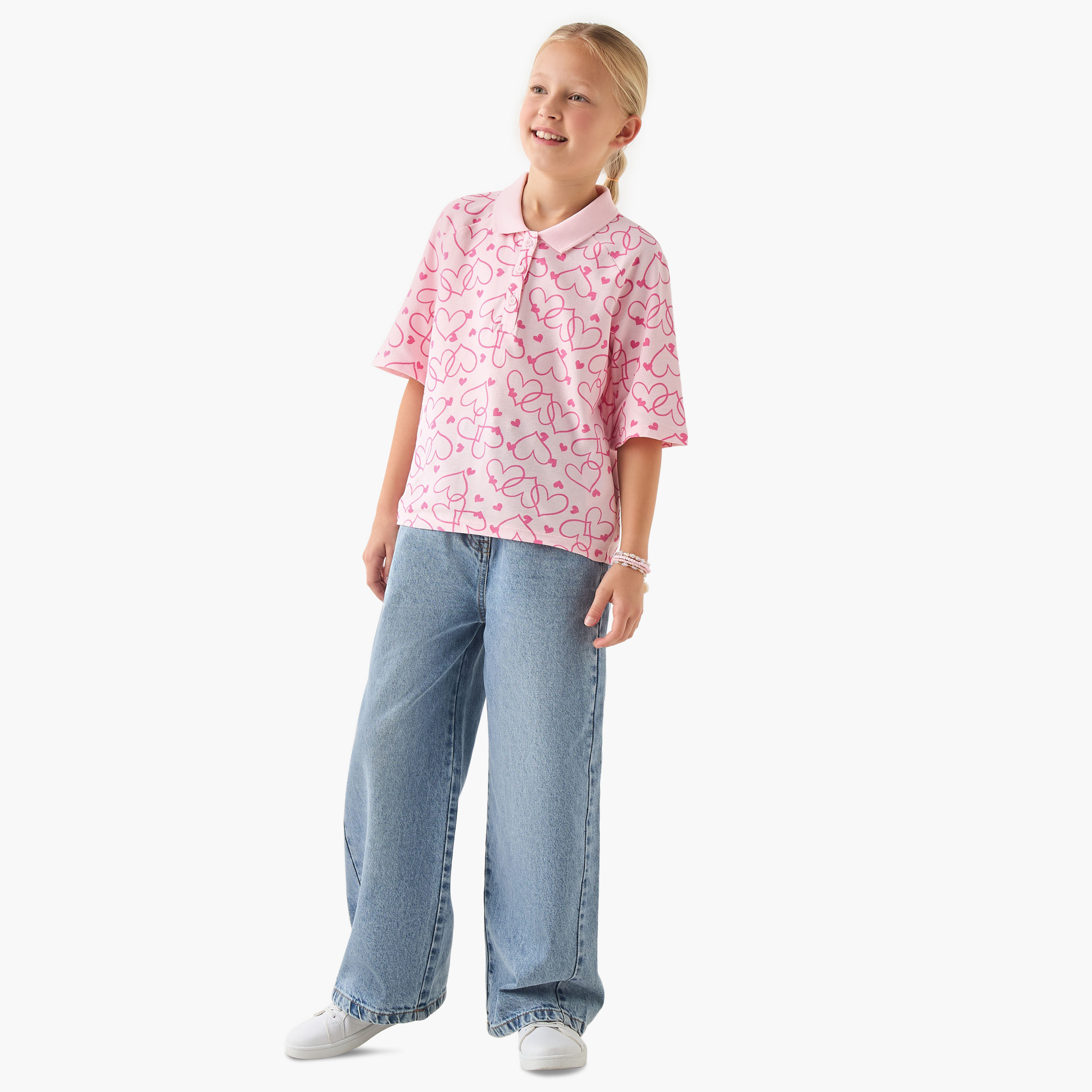 تيشيرت بولو بنصف وصلة أزرار وأكمام قصيرة وطبعات-girls-clothing-tshirts-image-2