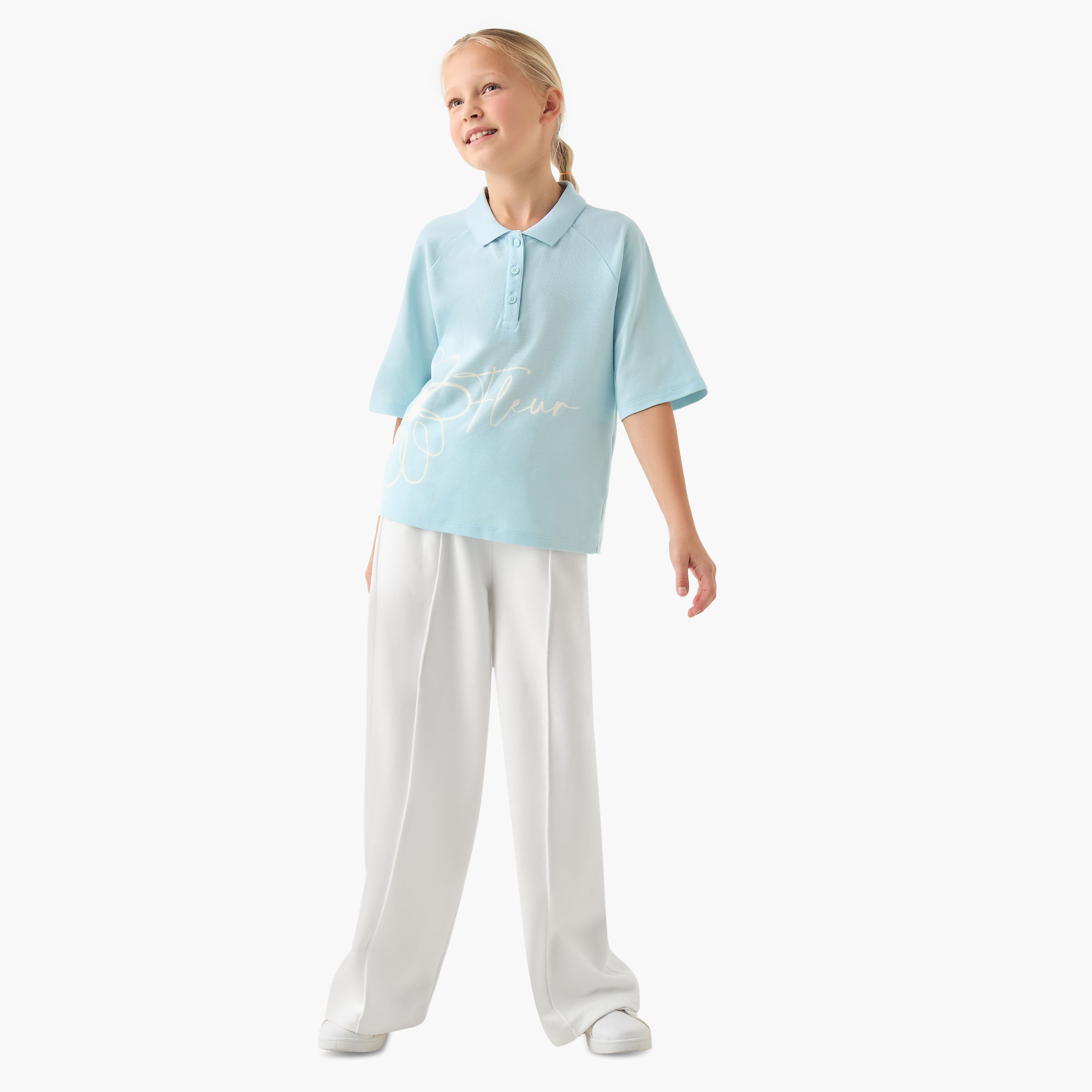تيشيرت بياقة بولو ووصلة نصف أزرار وأكمام قصيرة وطبعات زهرية-girls-clothing-tshirts-image-2
