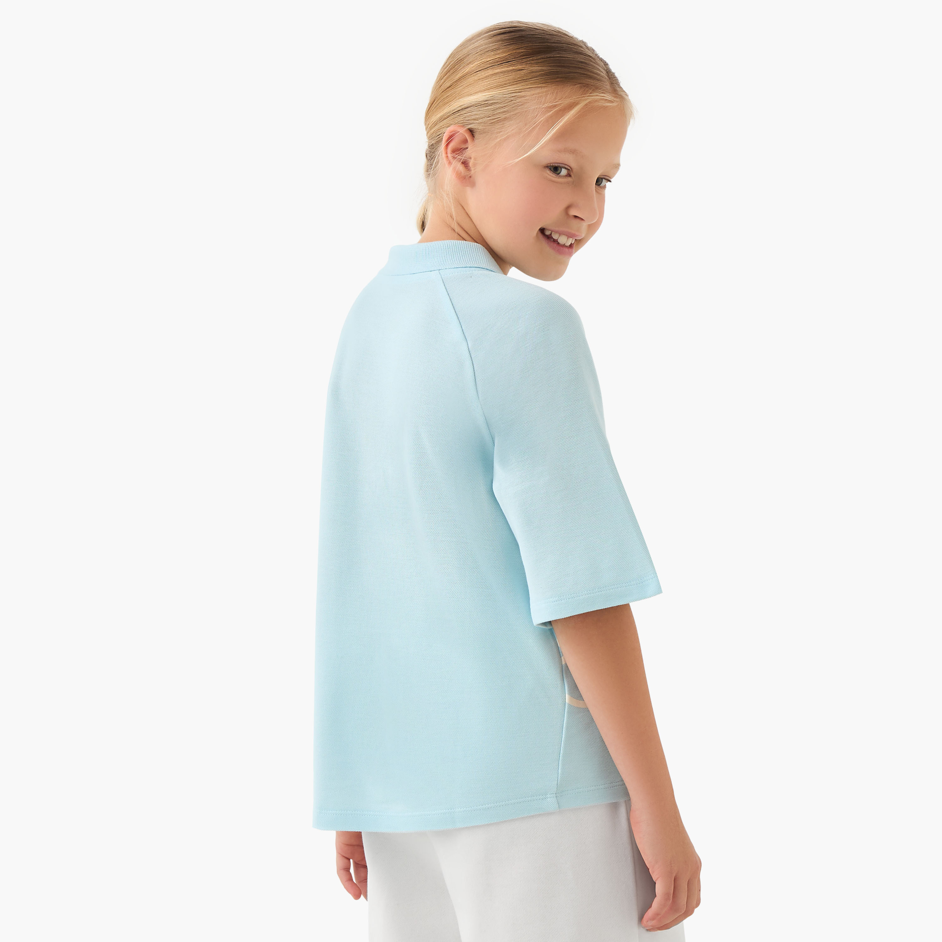 تيشيرت بياقة بولو ووصلة نصف أزرار وأكمام قصيرة وطبعات زهرية-girls-clothing-tshirts-image-3