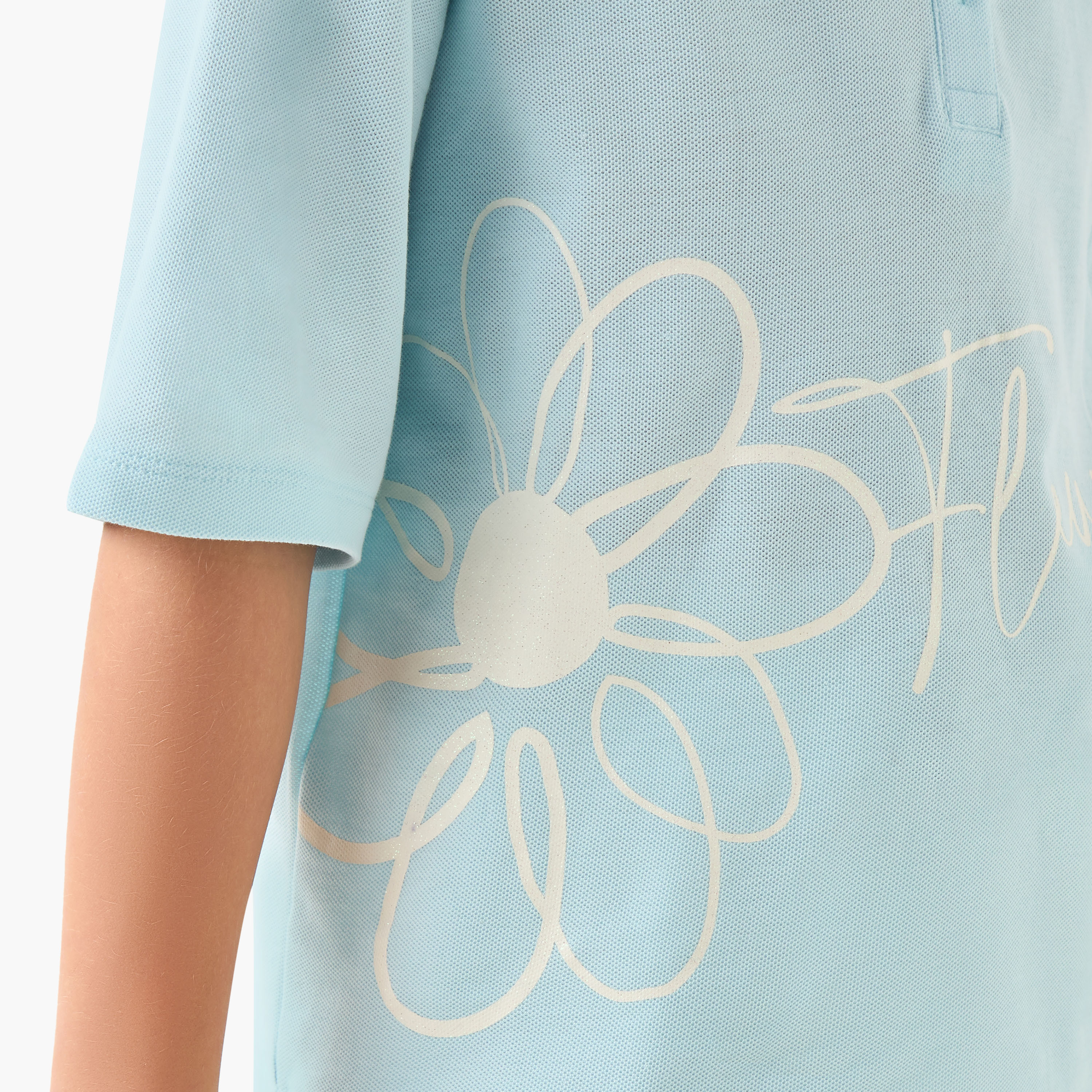 تيشيرت بياقة بولو ووصلة نصف أزرار وأكمام قصيرة وطبعات زهرية-girls-clothing-tshirts-image-4