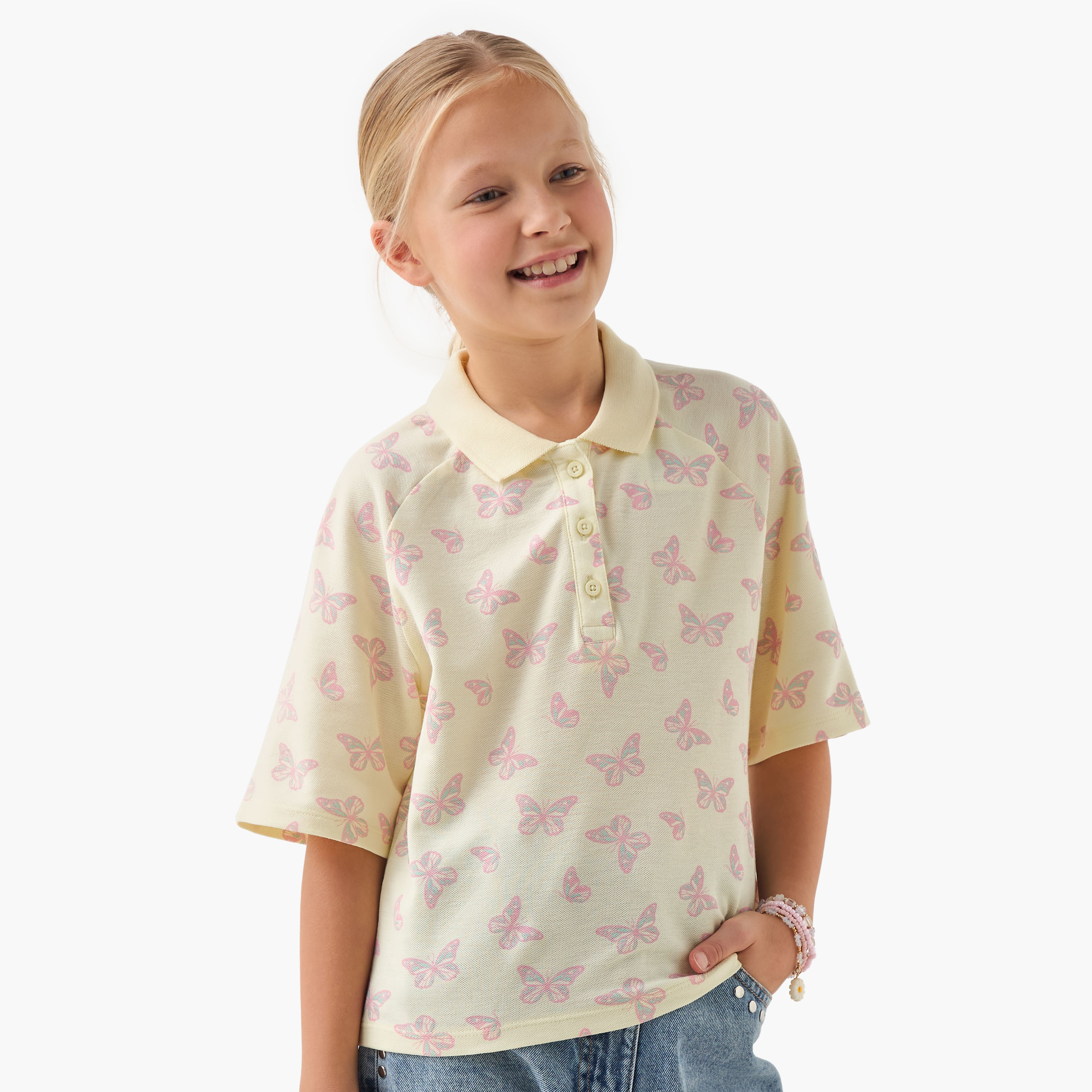 تيشيرت بولو بأكمام قصيرة ونصف وصلة أزرار وطبعات فراشة-girls-clothing-tshirts-image-1
