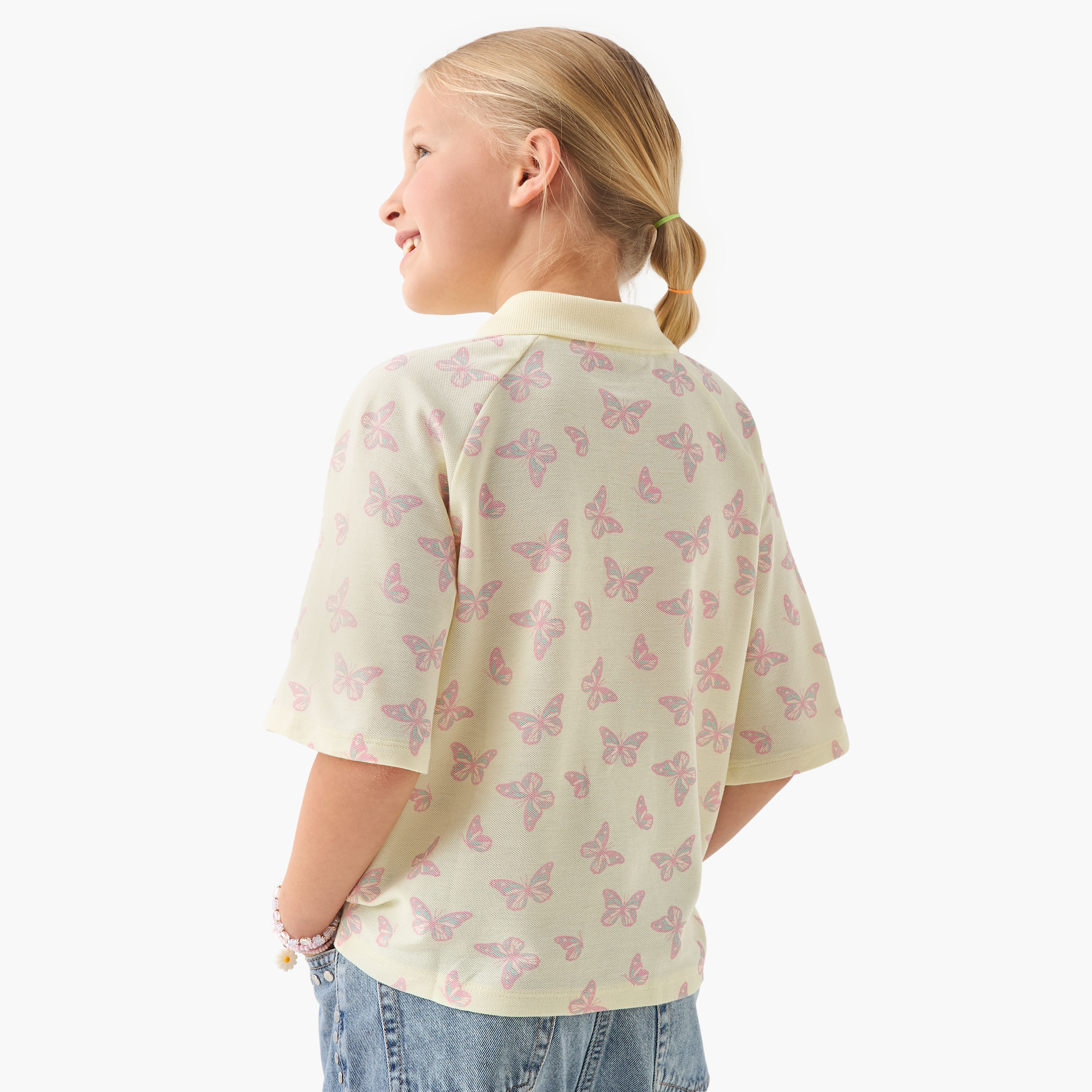 تيشيرت بولو بأكمام قصيرة ونصف وصلة أزرار وطبعات فراشة-girls-clothing-tshirts-image-3